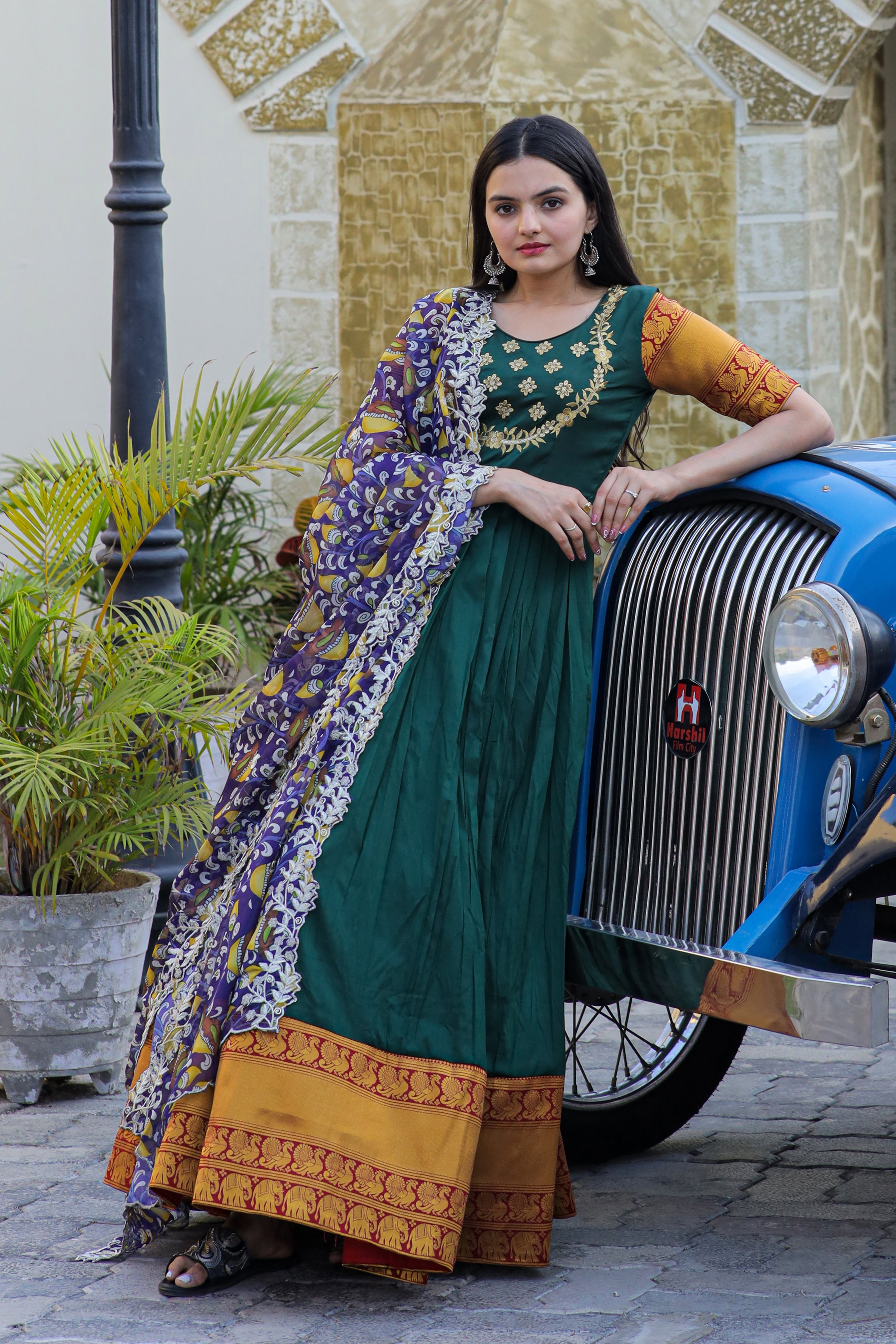 Women’s Green Silk Gown with Jacquard Weaving & Embroidery – Elegant Fusion Wear