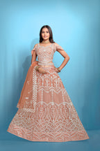 Orange Women’s Net Embroidered Lehenga Choli Set – Elegant Ethnic Wear for Festive & Wedding Occasions