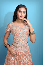 Orange Women’s Net Embroidered Lehenga Choli Set – Elegant Ethnic Wear for Festive & Wedding Occasions