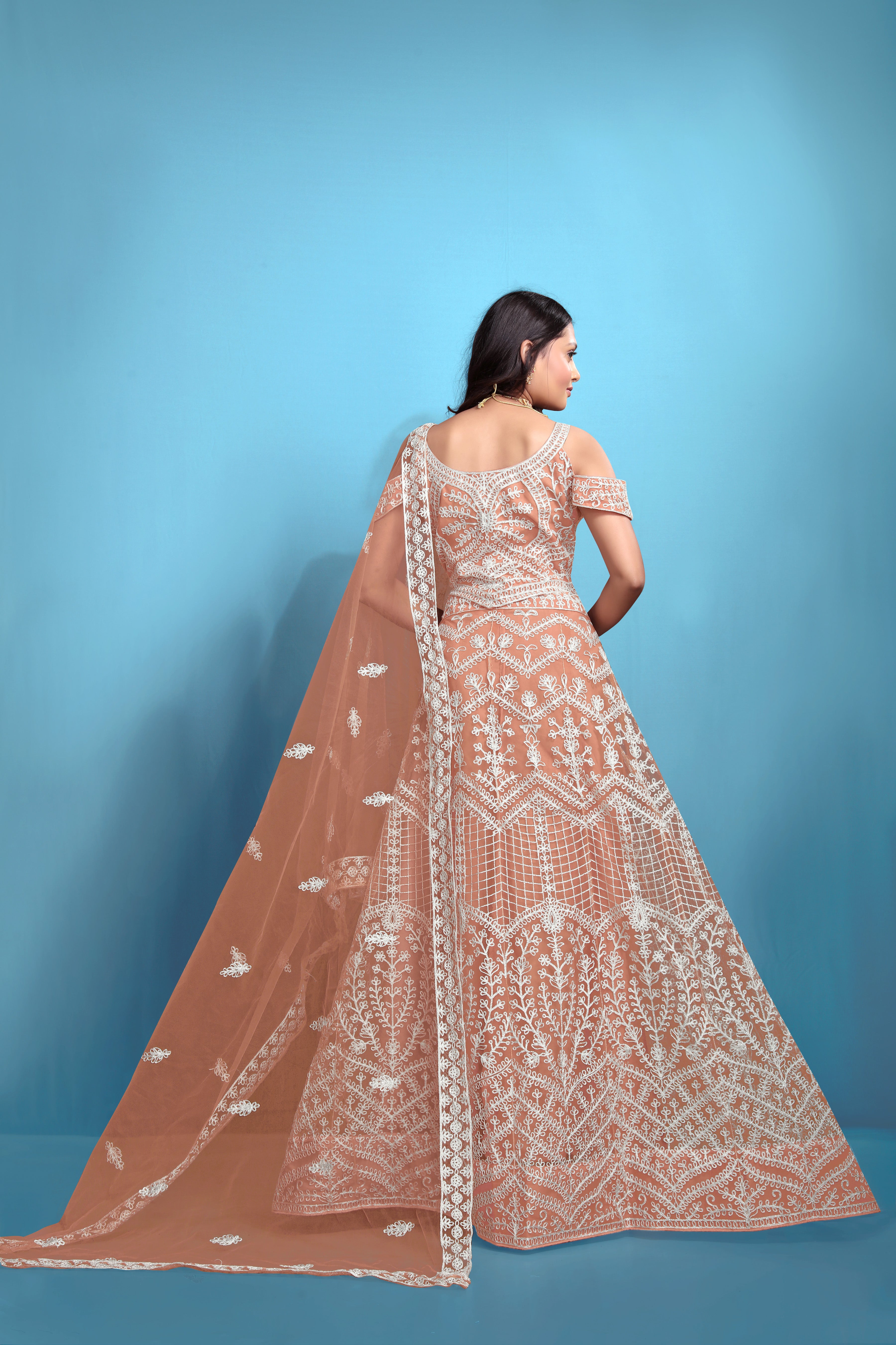 Orange Women’s Net Embroidered Lehenga Choli Set – Elegant Ethnic Wear for Festive & Wedding Occasions