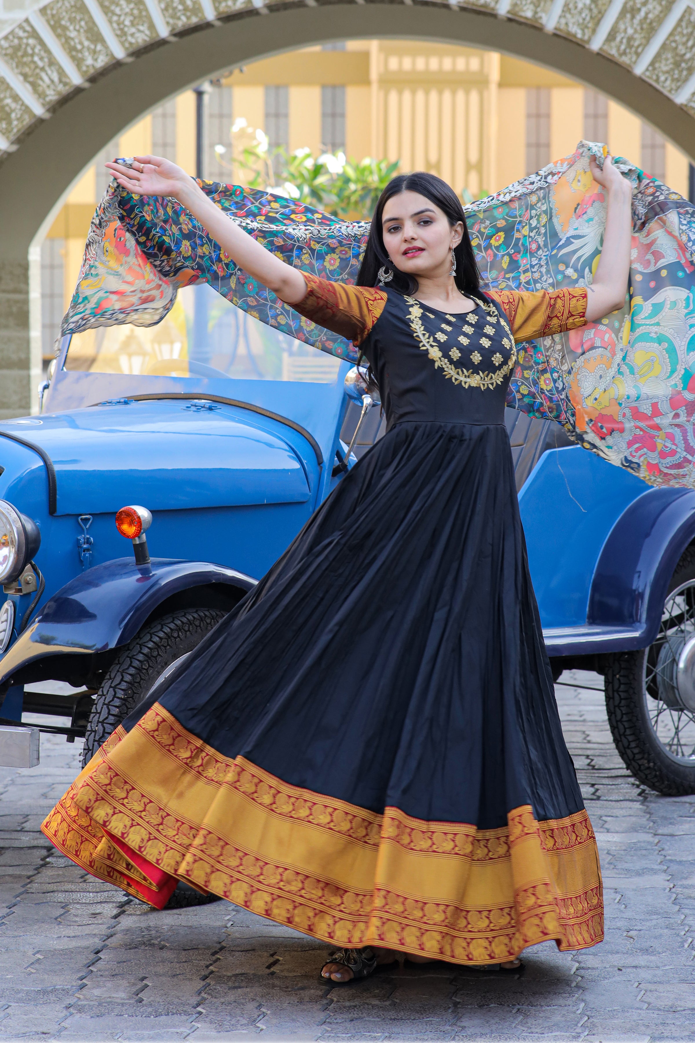 Women’s Black Silk Gown with Jacquard Weaving & Embroidery – Elegant Fusion Wear