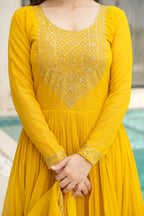 Designer Yellow Georgette Gown with Embroidery – Perfect for Weddings & Parties