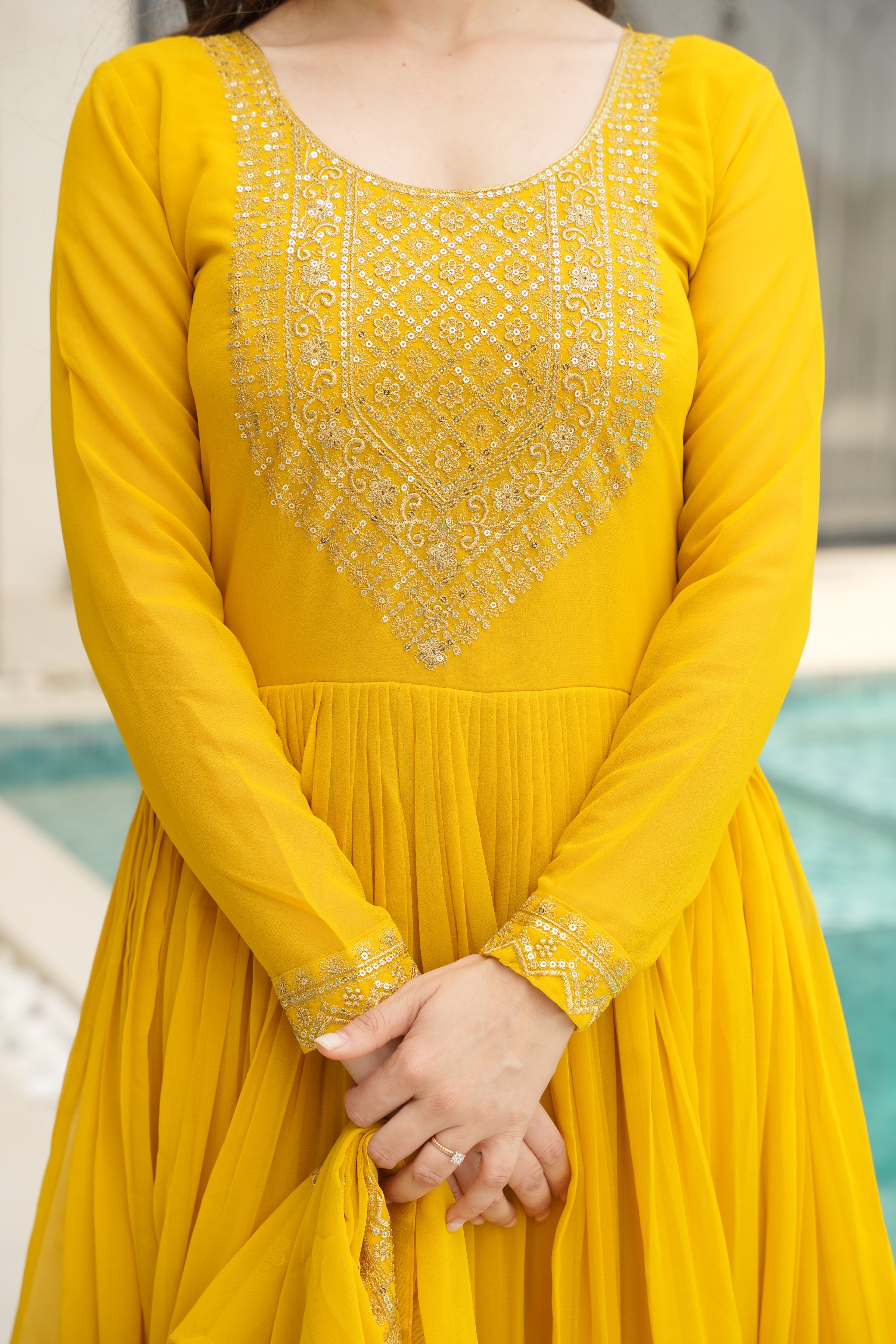 Designer Yellow Georgette Gown with Embroidery – Perfect for Weddings & Parties