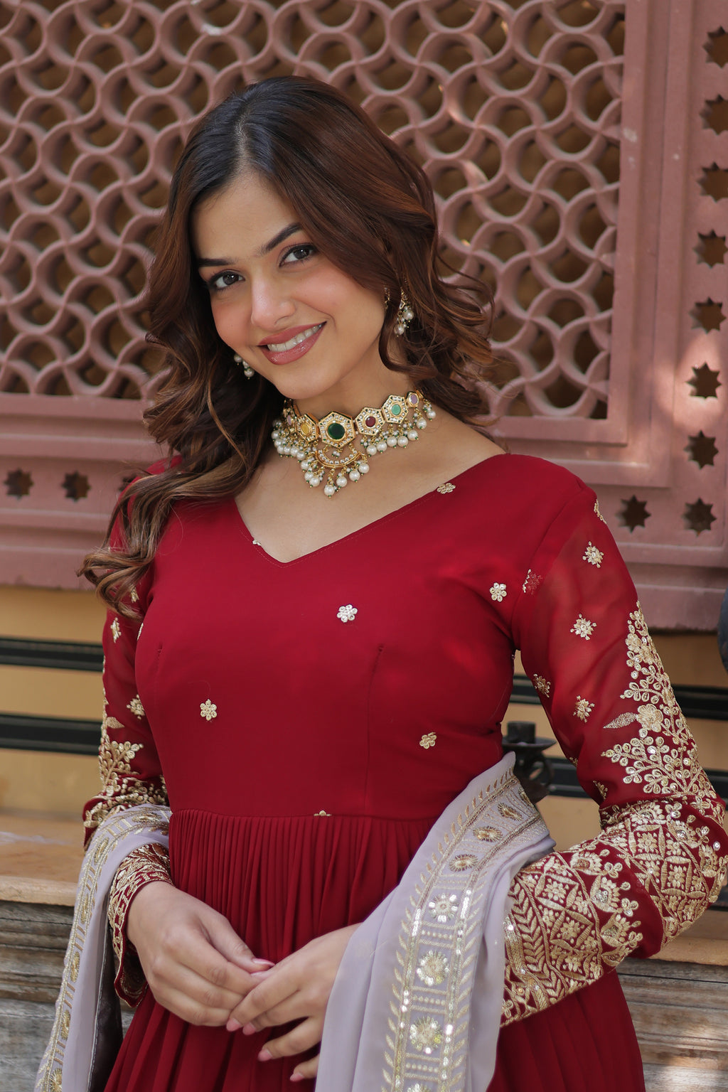 Women’s Red Georgette Gown – Elegant Designer Party Wear