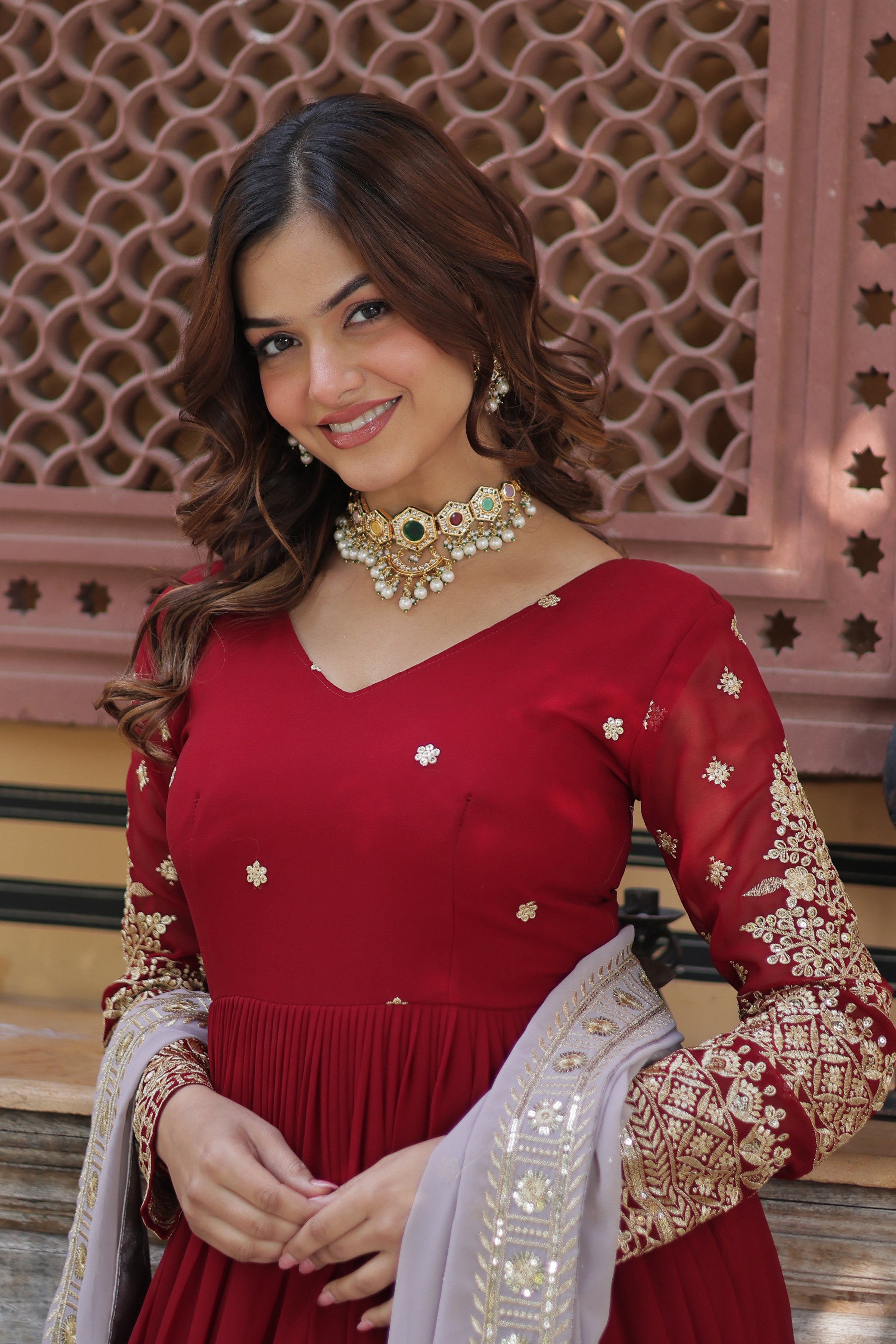 Women’s Red Georgette Gown – Elegant Designer Party Wear