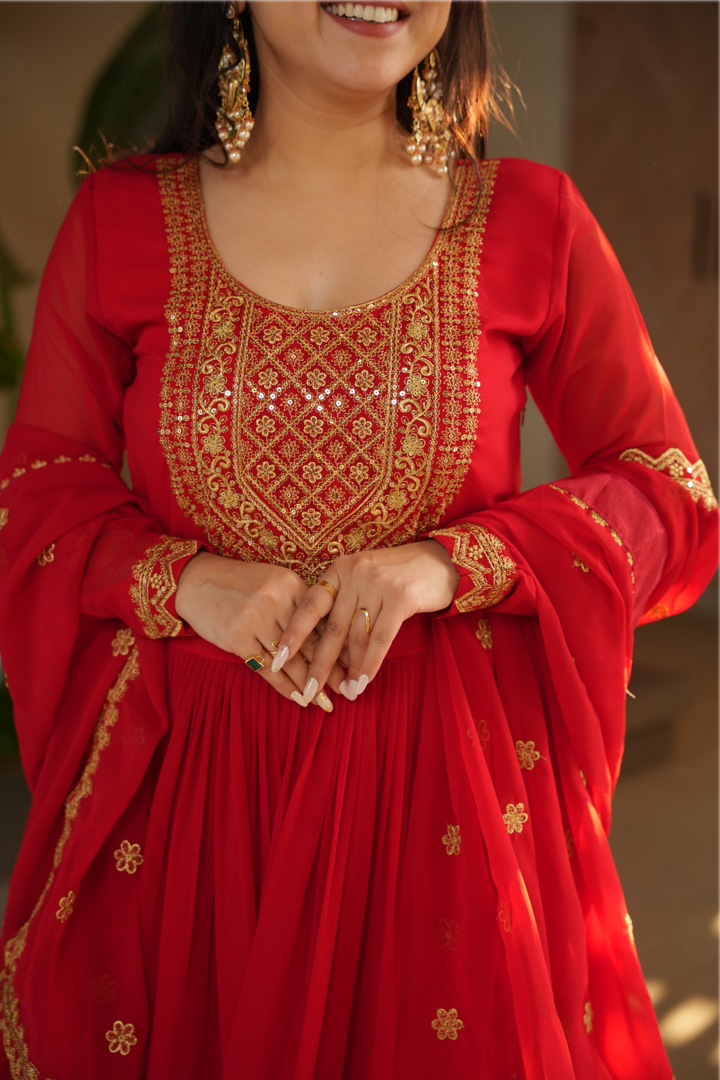 Designer Red Georgette Gown with Embroidery – Perfect for Weddings & Parties