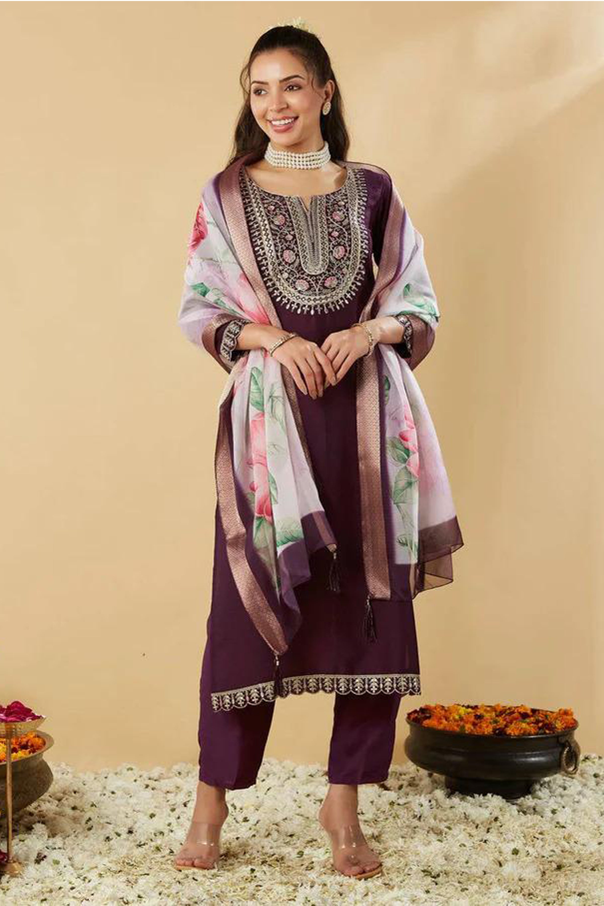 Women’s Wine Ethnic Kurta Set in Pure Viscose Chanderi Silk with Sequin & Coding Work
