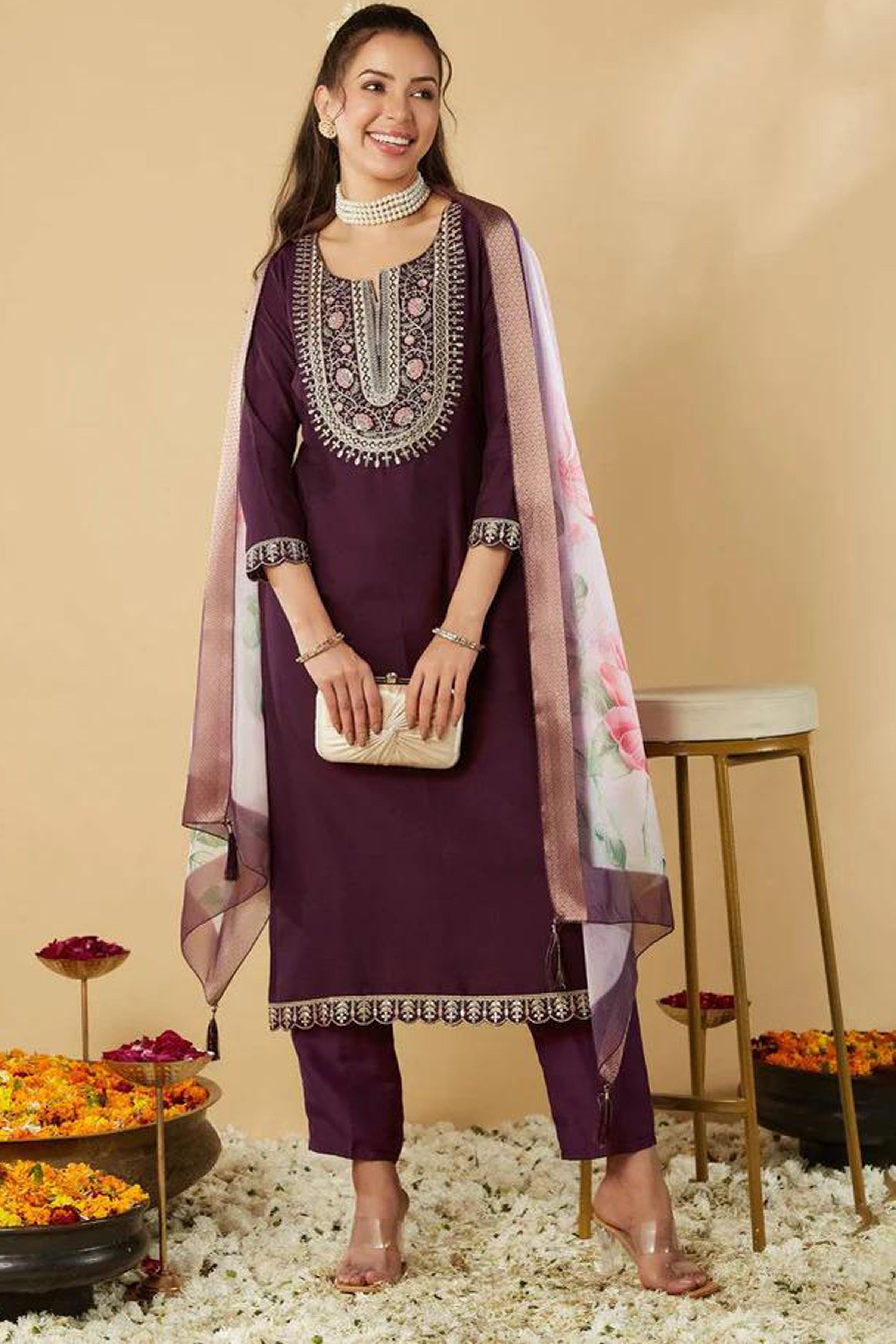Women’s Wine Ethnic Kurta Set in Pure Viscose Chanderi Silk with Sequin & Coding Work