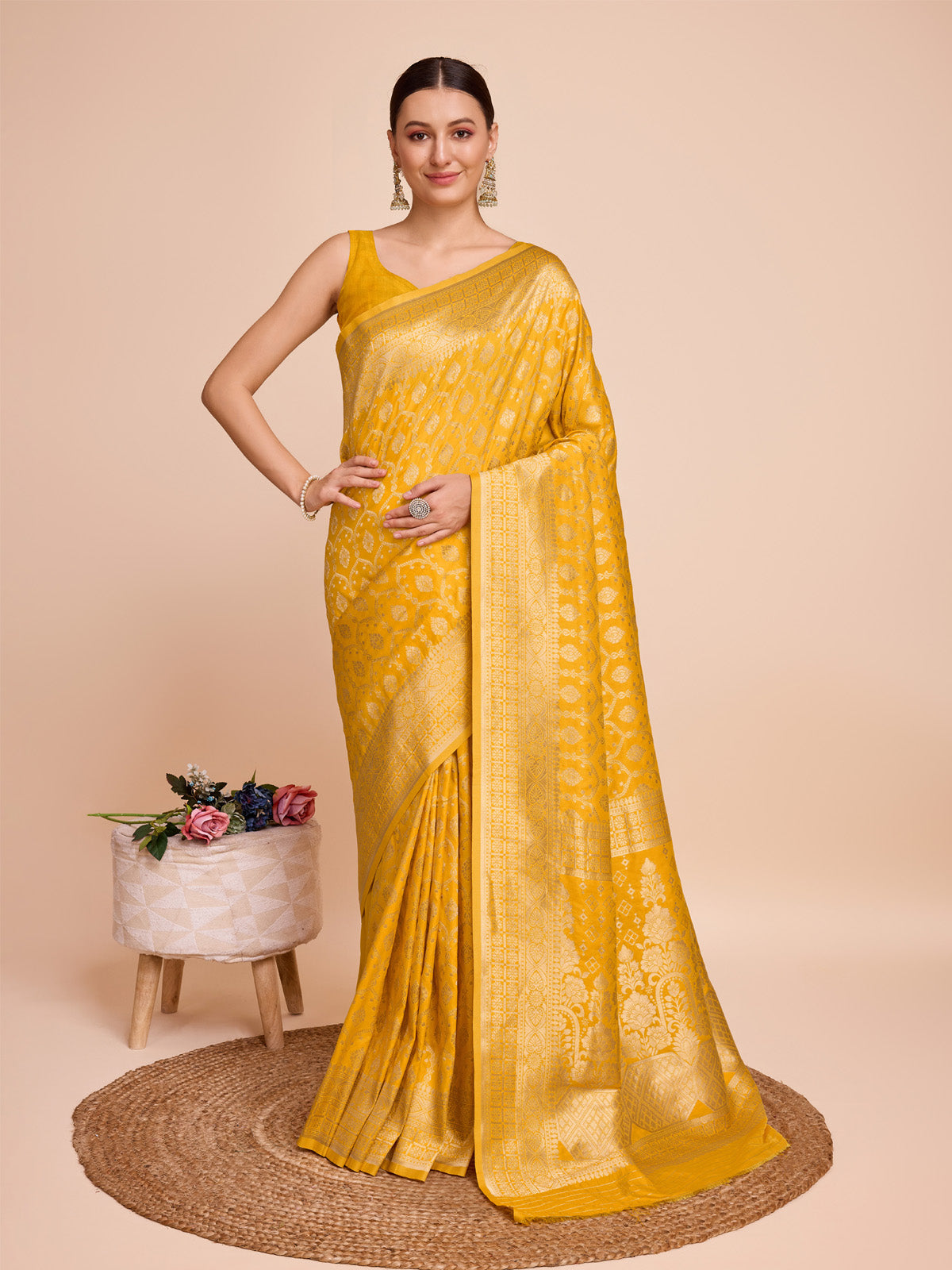 Rich Yellow Pure Silk Saree – Gold Zari Weaving with Soft Zari Border & Contrast Gold Accents
