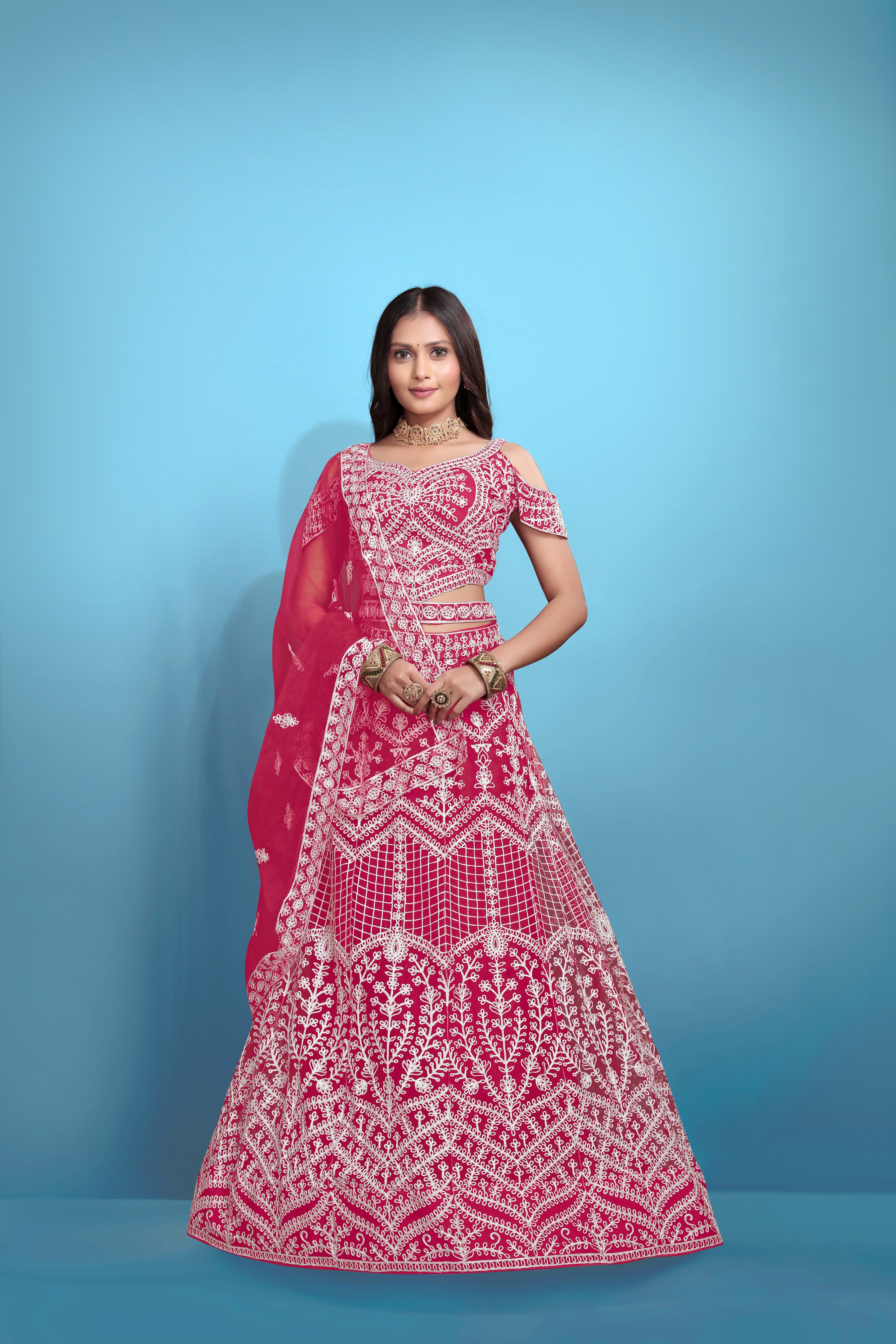 Pink Women’s Net Embroidered Lehenga Choli Set – Elegant Ethnic Wear for Festive & Wedding Occasions