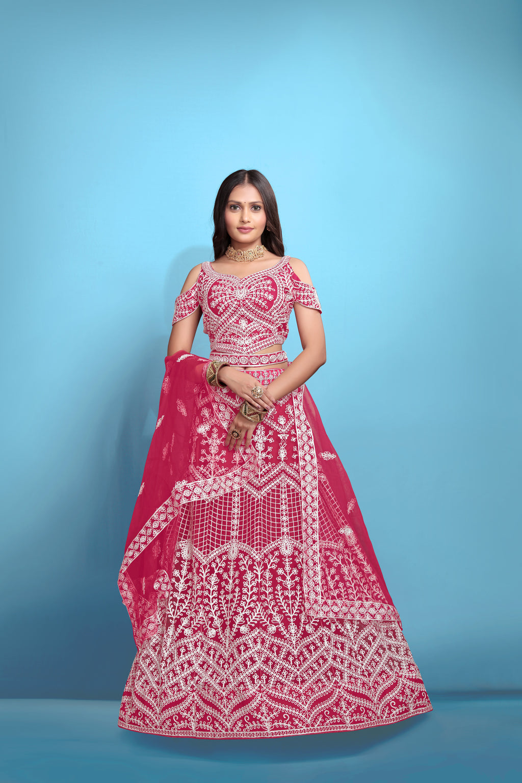 Pink Women’s Net Embroidered Lehenga Choli Set – Elegant Ethnic Wear for Festive & Wedding Occasions