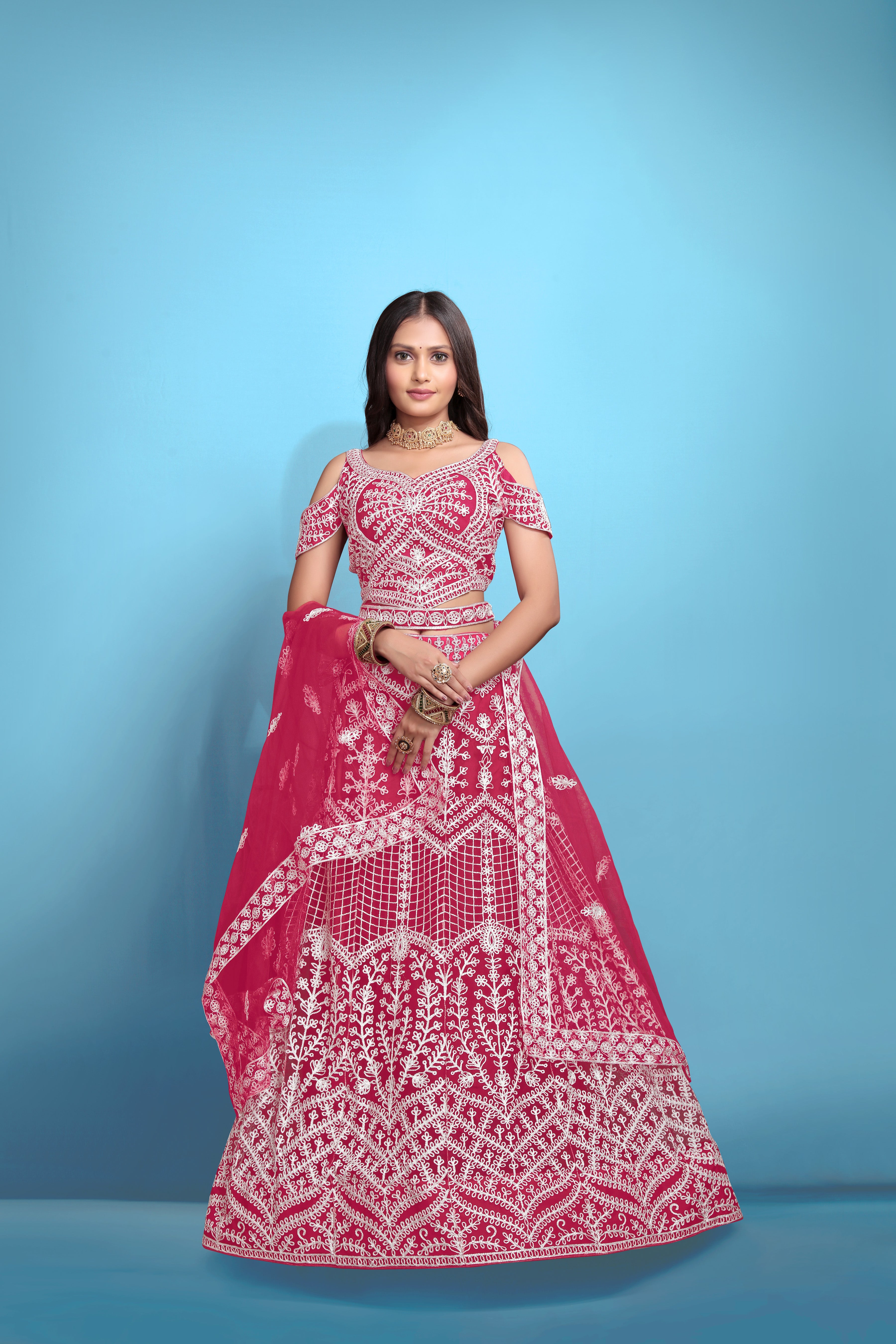 Pink Women’s Net Embroidered Lehenga Choli Set – Elegant Ethnic Wear for Festive & Wedding Occasions