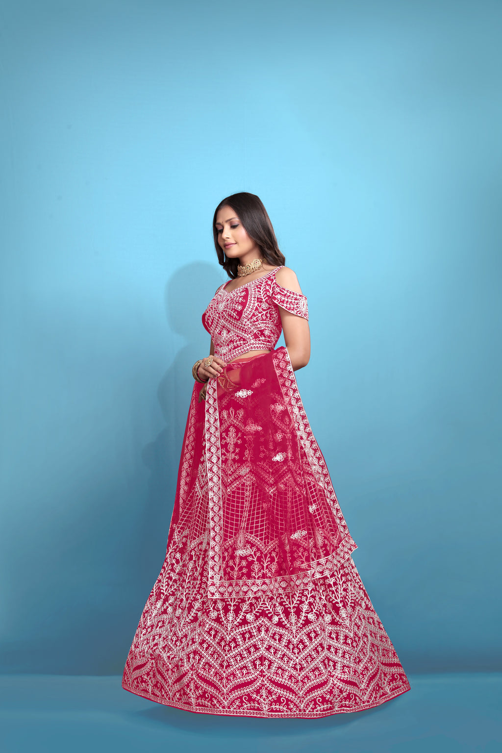 Pink Women’s Net Embroidered Lehenga Choli Set – Elegant Ethnic Wear for Festive & Wedding Occasions