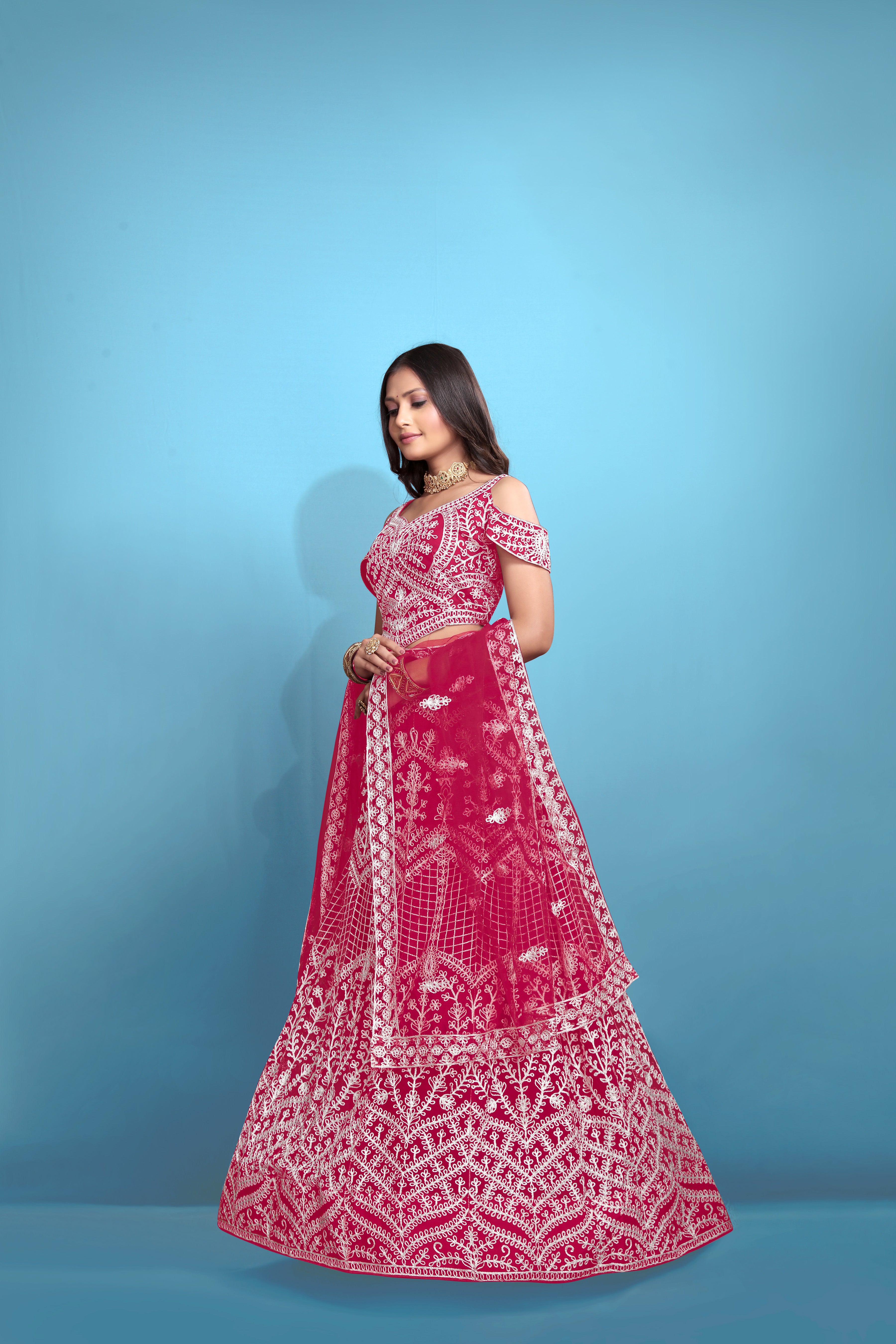 Pink Women’s Net Embroidered Lehenga Choli Set – Elegant Ethnic Wear for Festive & Wedding Occasions