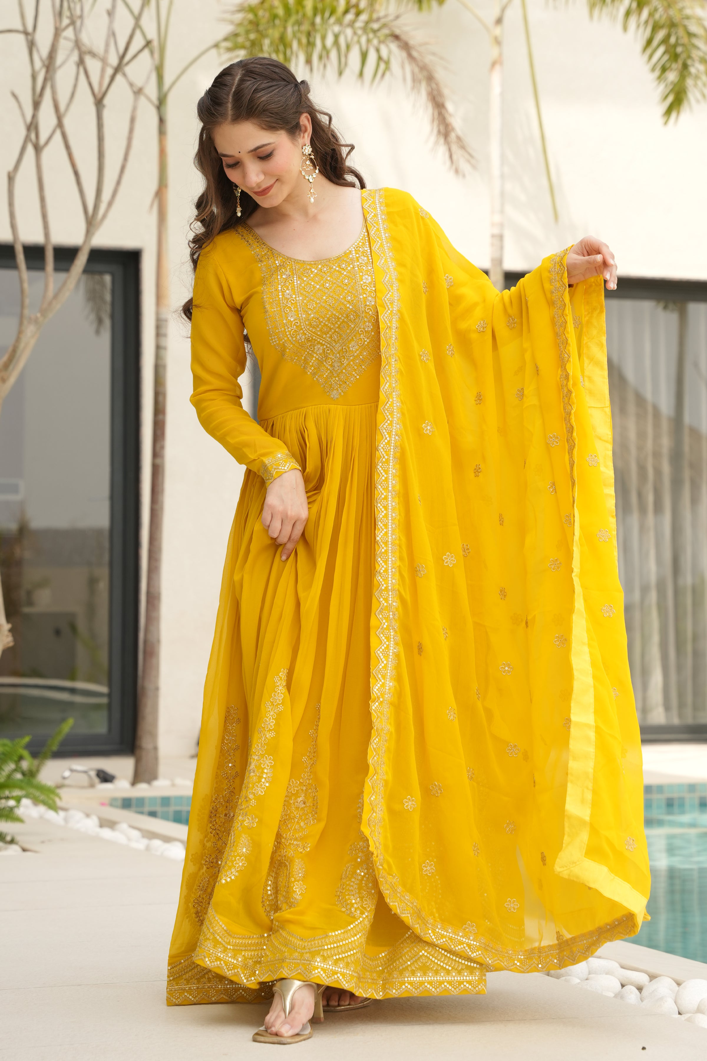 Designer Yellow Georgette Gown with Embroidery – Perfect for Weddings & Parties