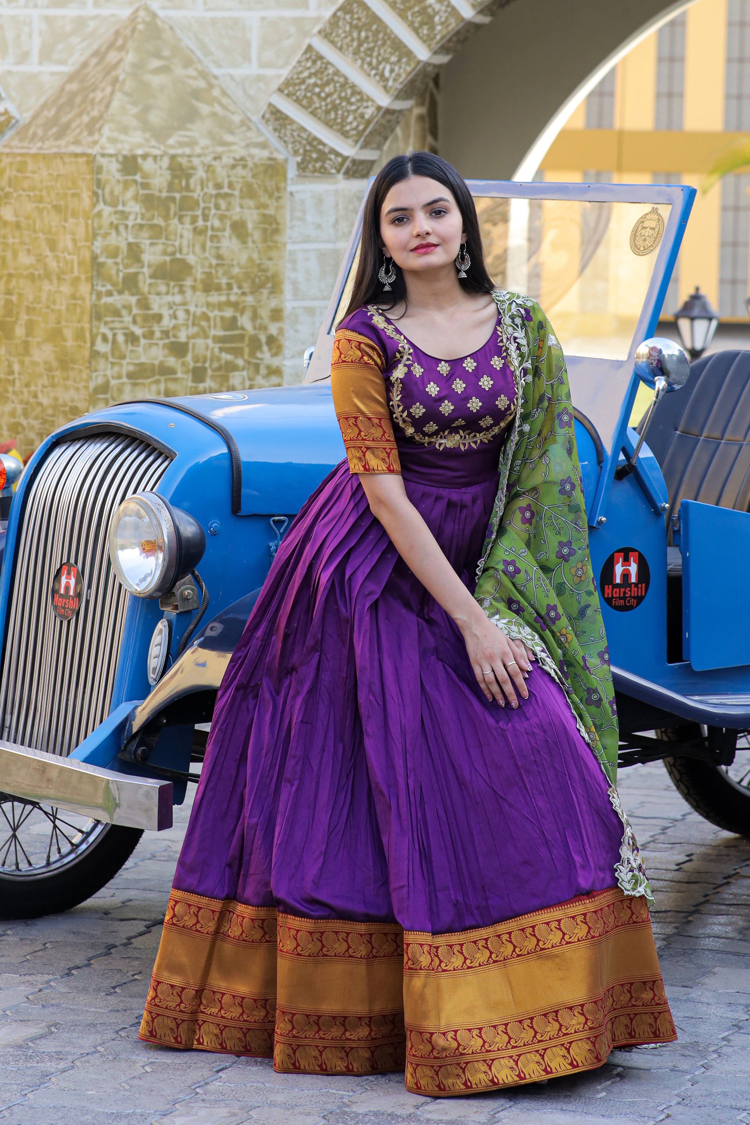 Women’s Purple Silk Gown with Jacquard Weaving & Embroidery – Elegant Fusion Wear