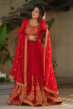 Designer Red Georgette Gown with Embroidery – Perfect for Weddings & Parties