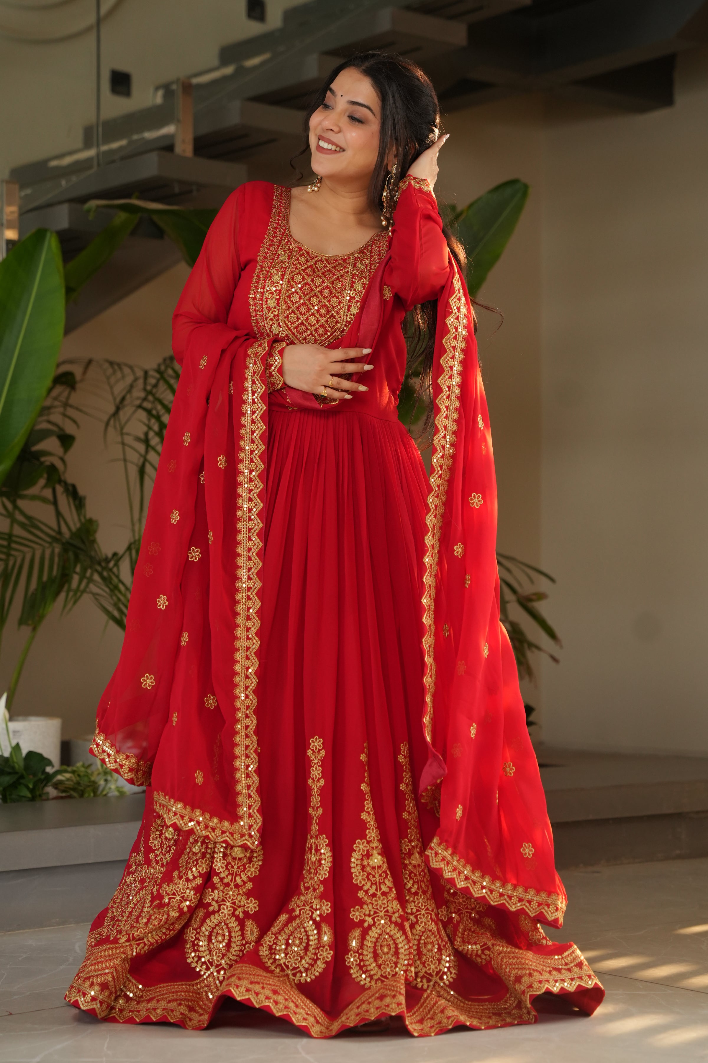 Designer Red Georgette Gown with Embroidery – Perfect for Weddings & Parties