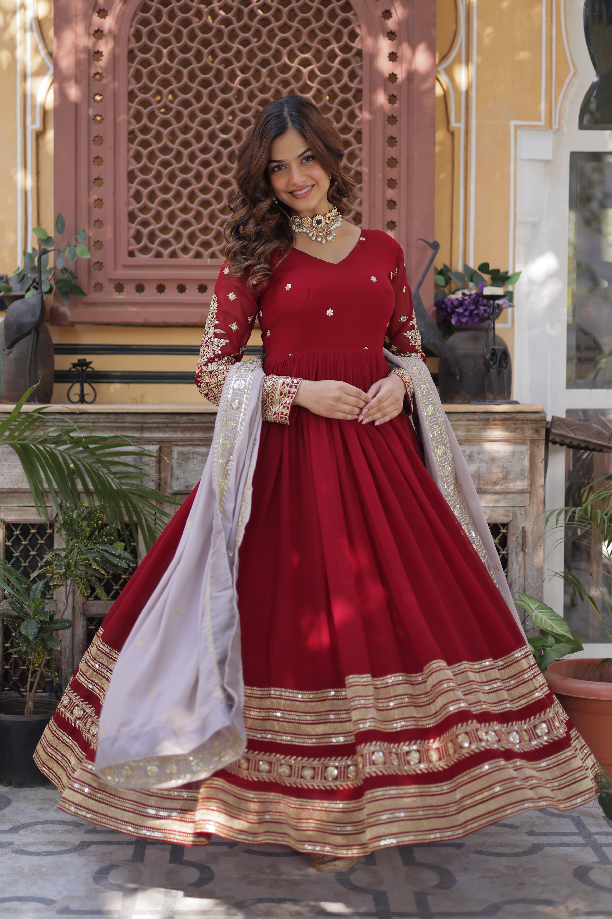 Women’s Red Georgette Gown – Elegant Designer Party Wear