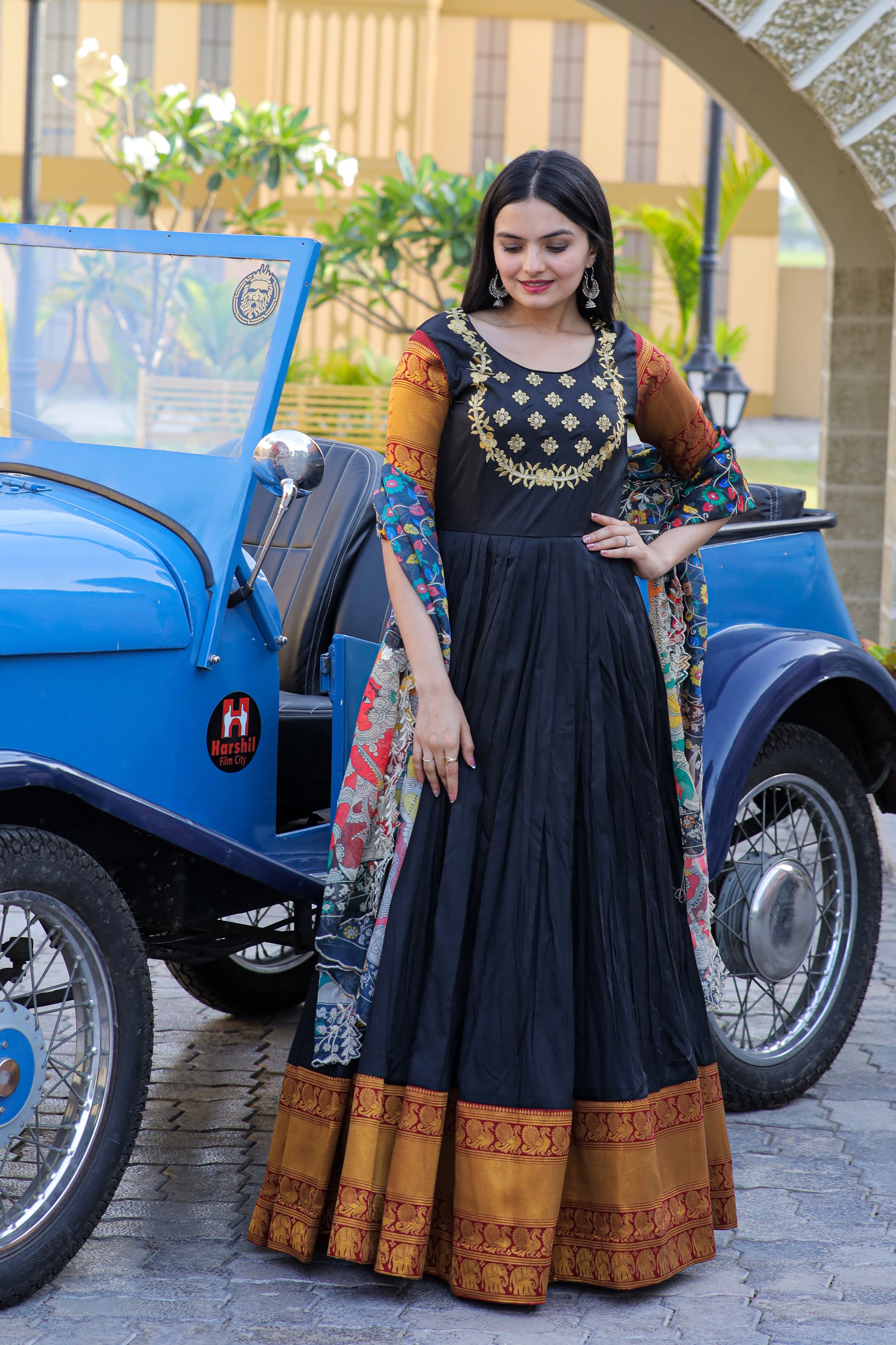 Women’s Black Silk Gown with Jacquard Weaving & Embroidery – Elegant Fusion Wear