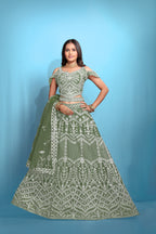 Green Women’s Net Embroidered Lehenga Choli Set – Elegant Ethnic Wear for Festive & Wedding Occasions