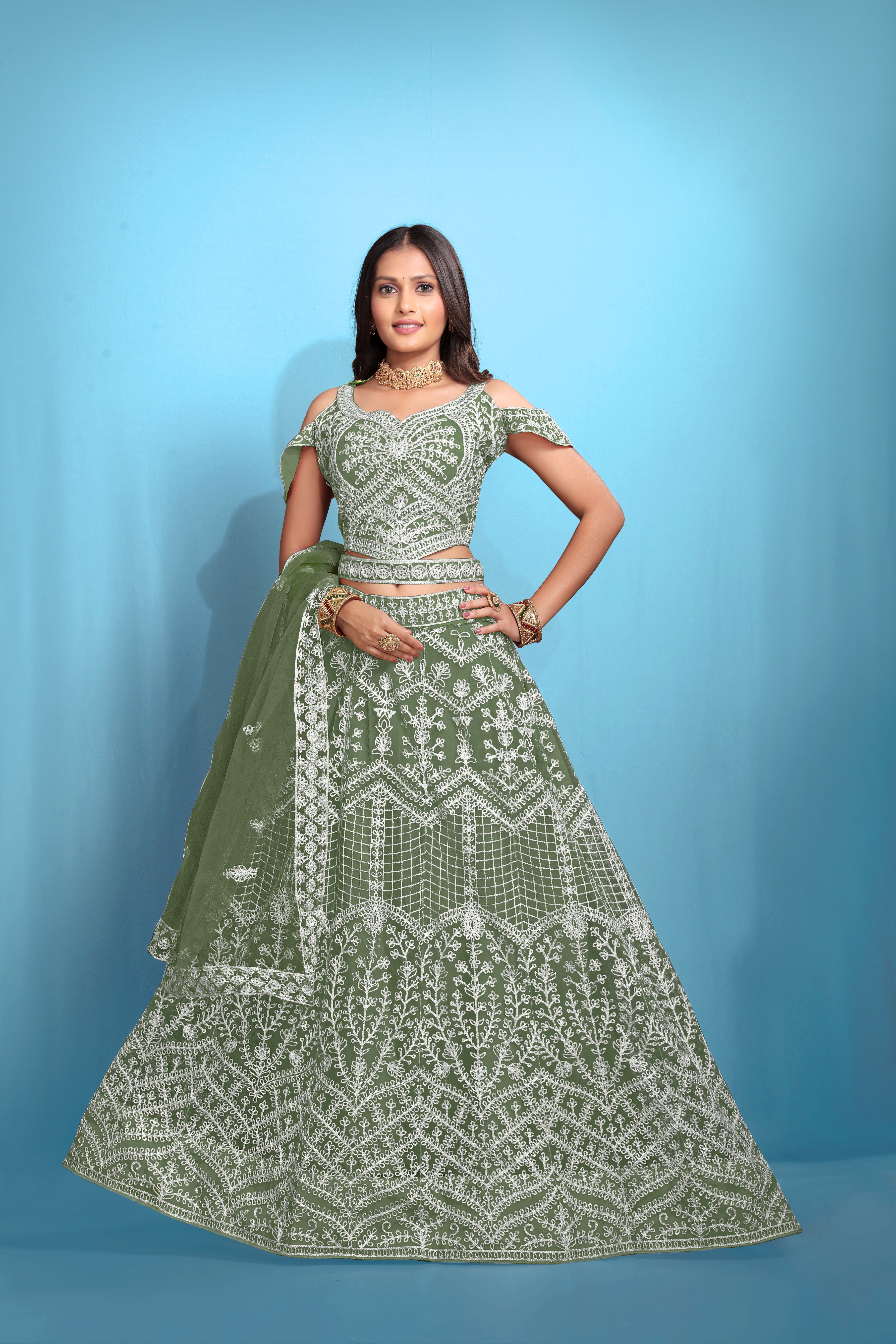Green Women’s Net Embroidered Lehenga Choli Set – Elegant Ethnic Wear for Festive & Wedding Occasions