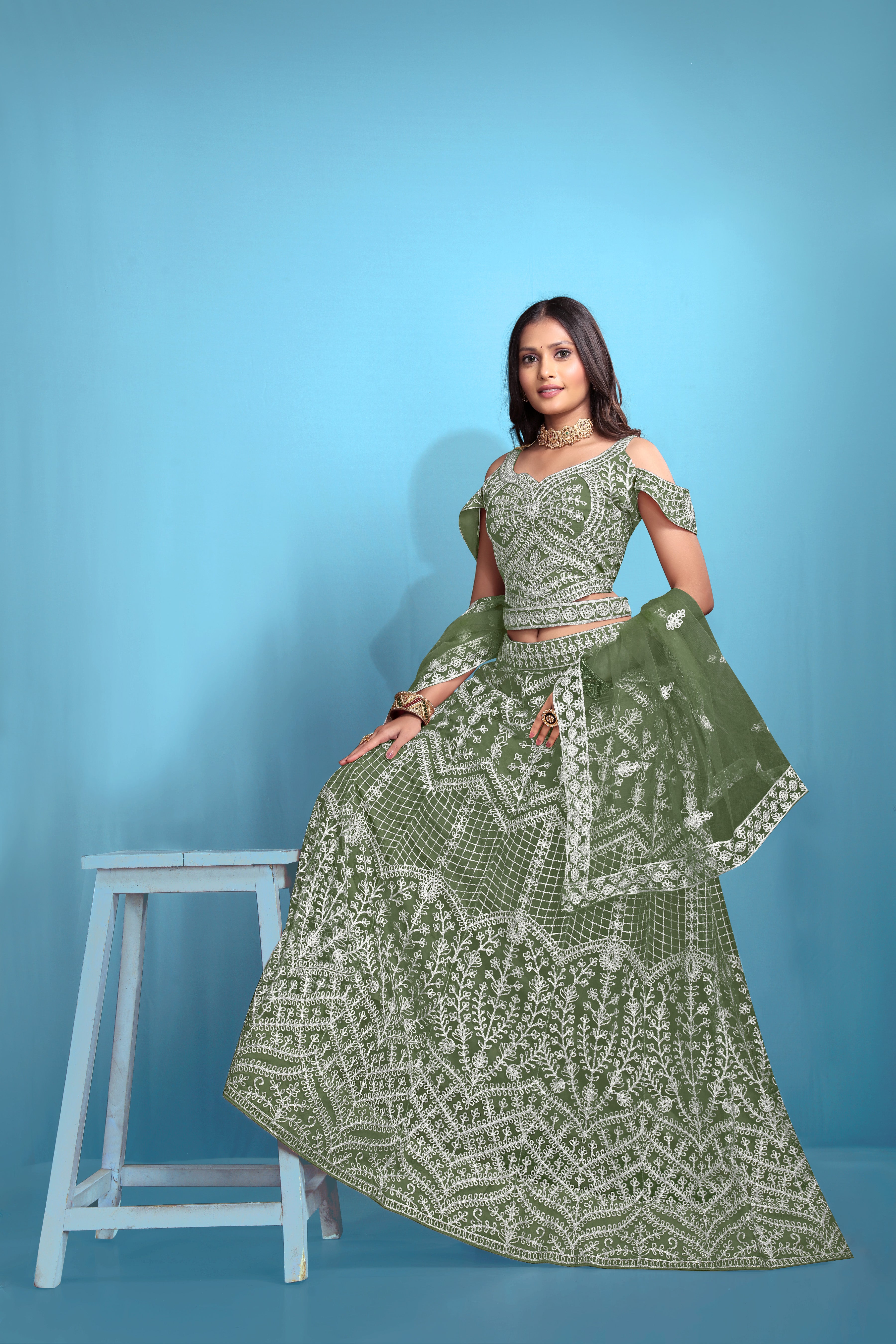 Green Women’s Net Embroidered Lehenga Choli Set – Elegant Ethnic Wear for Festive & Wedding Occasions