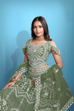 Green Women’s Net Embroidered Lehenga Choli Set – Elegant Ethnic Wear for Festive & Wedding Occasions