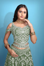 Green Women’s Net Embroidered Lehenga Choli Set – Elegant Ethnic Wear for Festive & Wedding Occasions