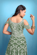 Green Women’s Net Embroidered Lehenga Choli Set – Elegant Ethnic Wear for Festive & Wedding Occasions