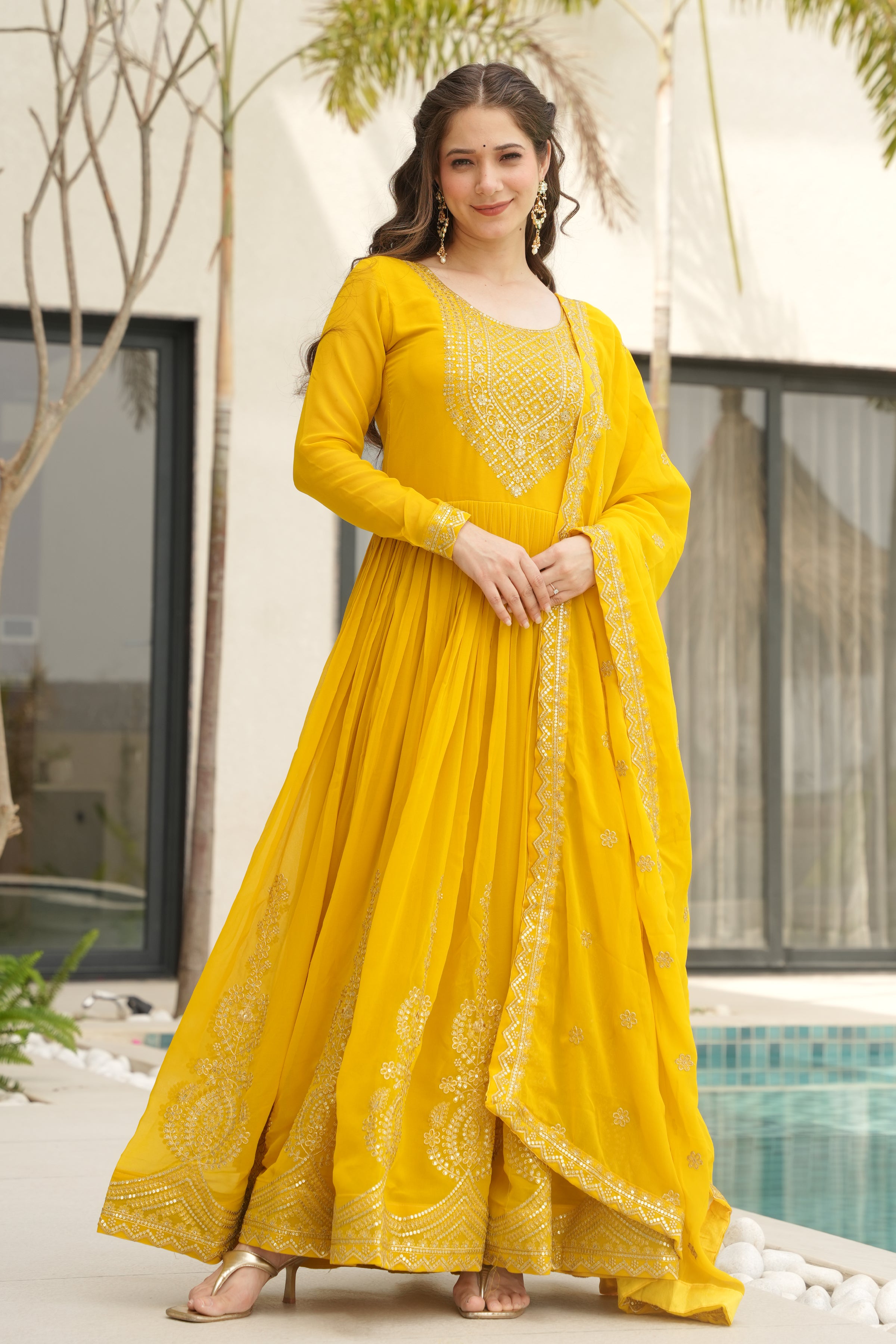 Designer Yellow Georgette Gown with Embroidery – Perfect for Weddings & Parties