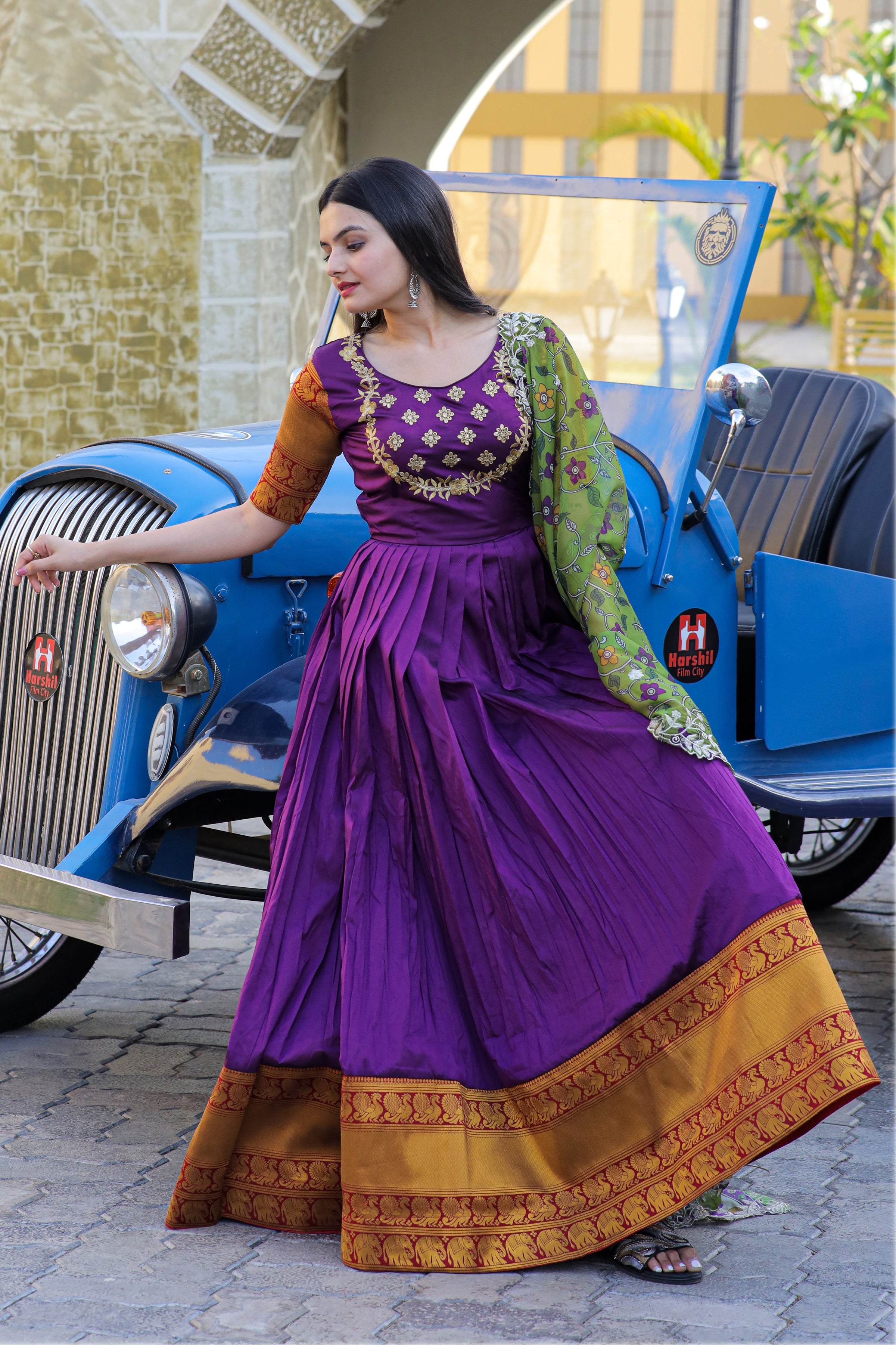 Women’s Purple Silk Gown with Jacquard Weaving & Embroidery – Elegant Fusion Wear