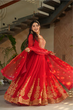 Designer Red Georgette Gown with Embroidery – Perfect for Weddings & Parties