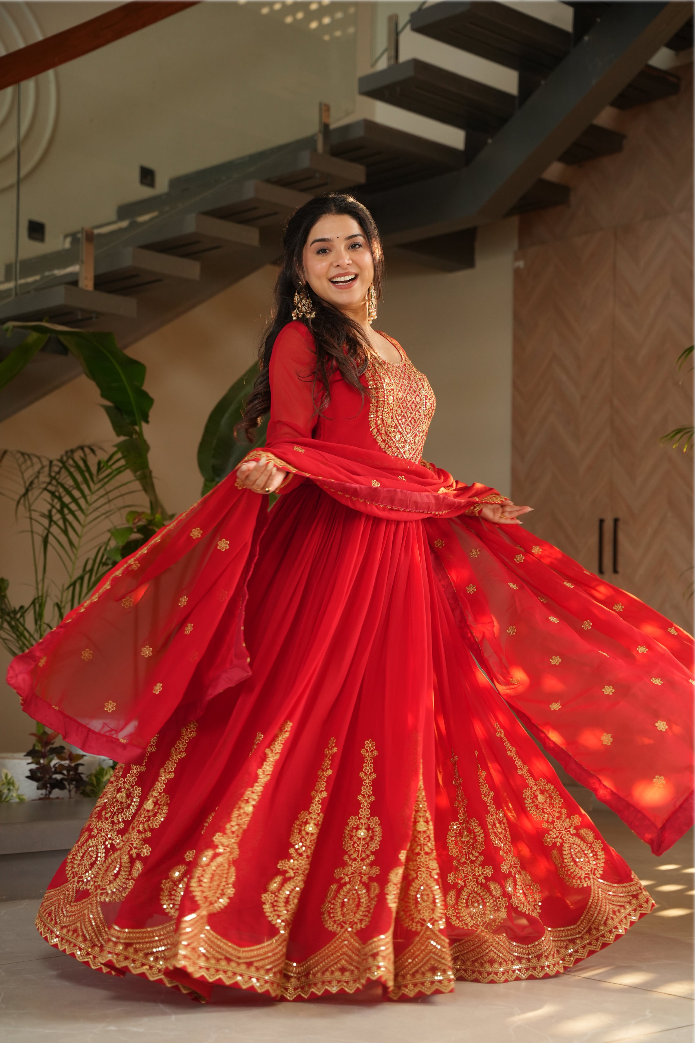 Designer Red Georgette Gown with Embroidery – Perfect for Weddings & Parties