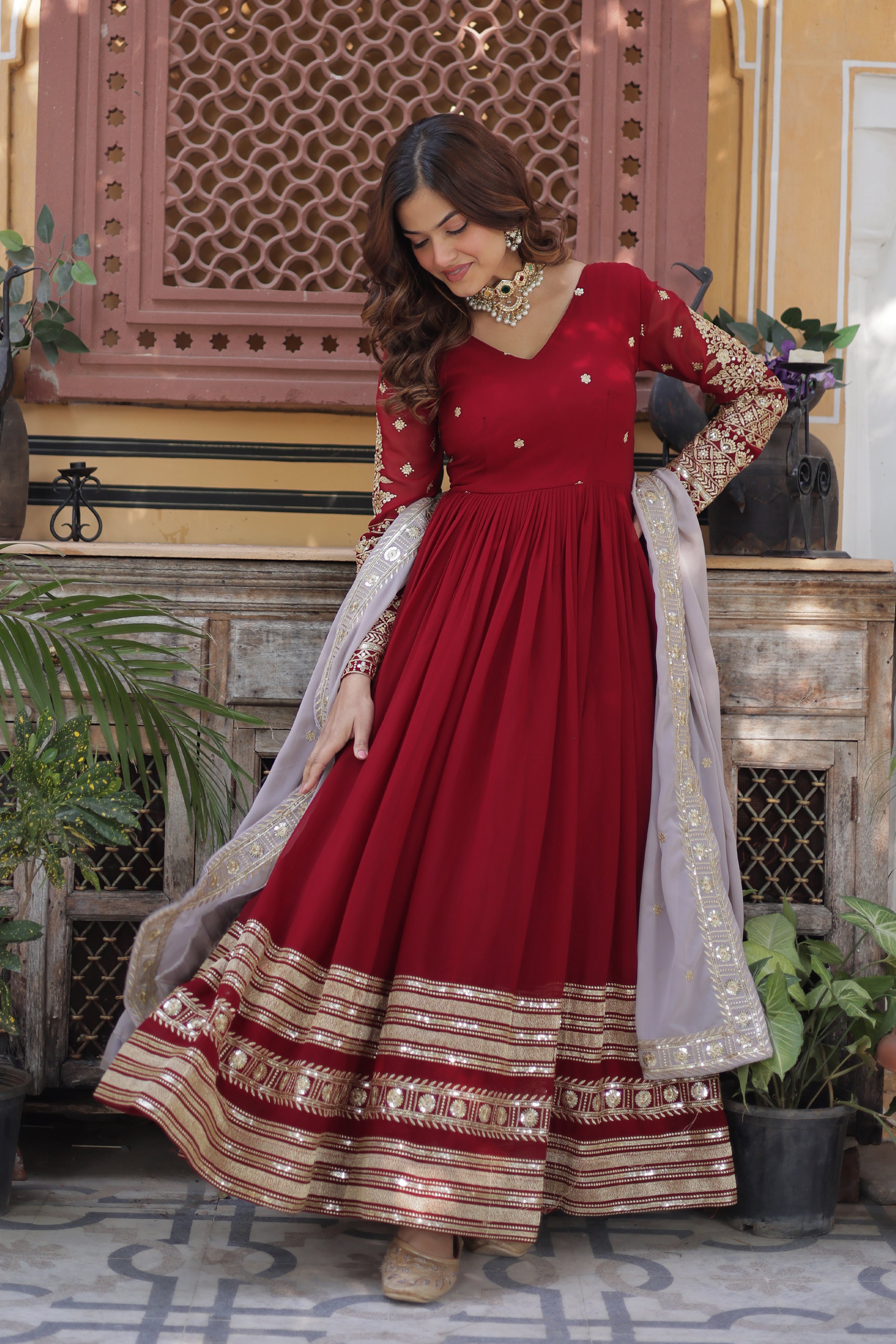 Women’s Red Georgette Gown – Elegant Designer Party Wear