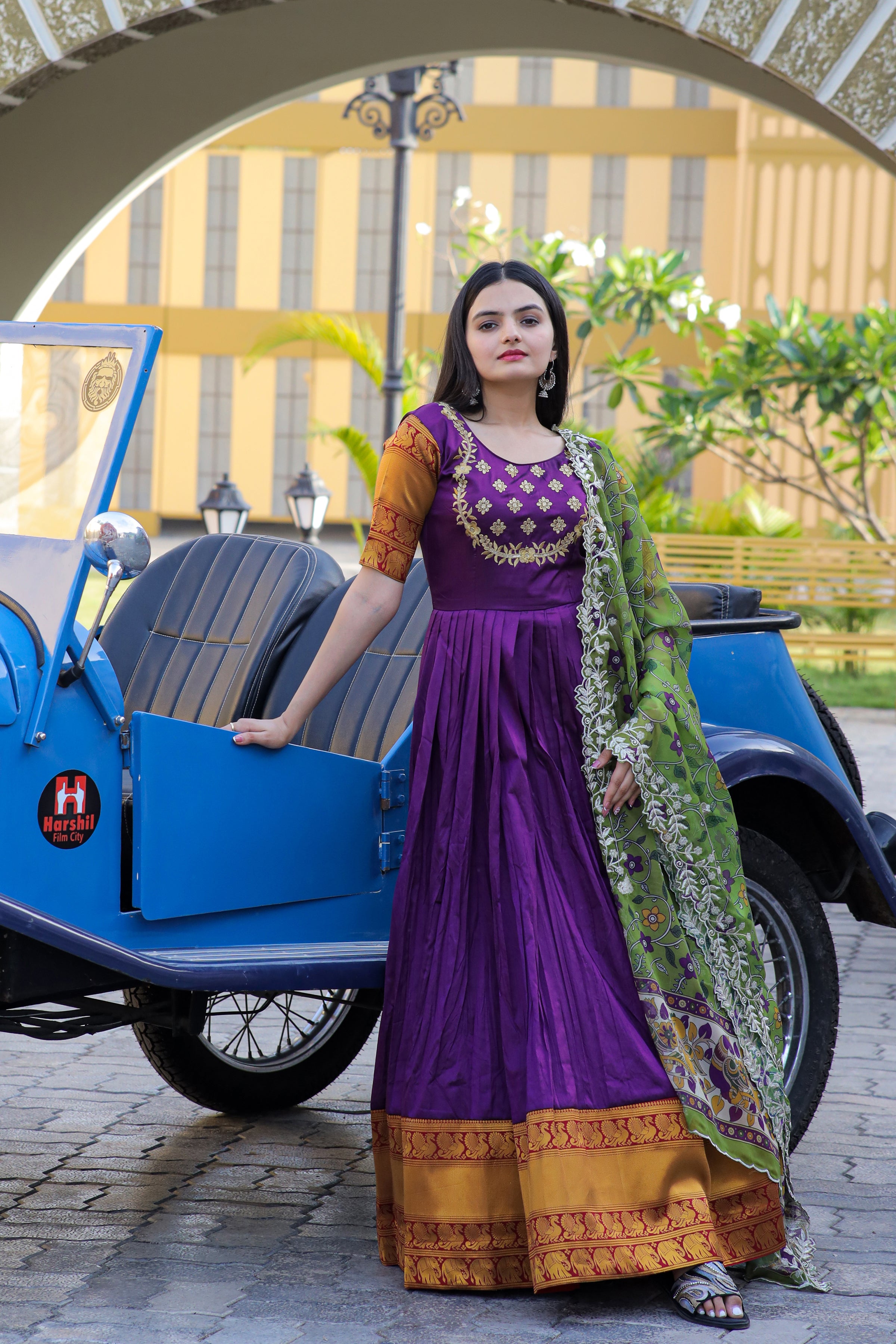 Women’s Purple Silk Gown with Jacquard Weaving & Embroidery – Elegant Fusion Wear