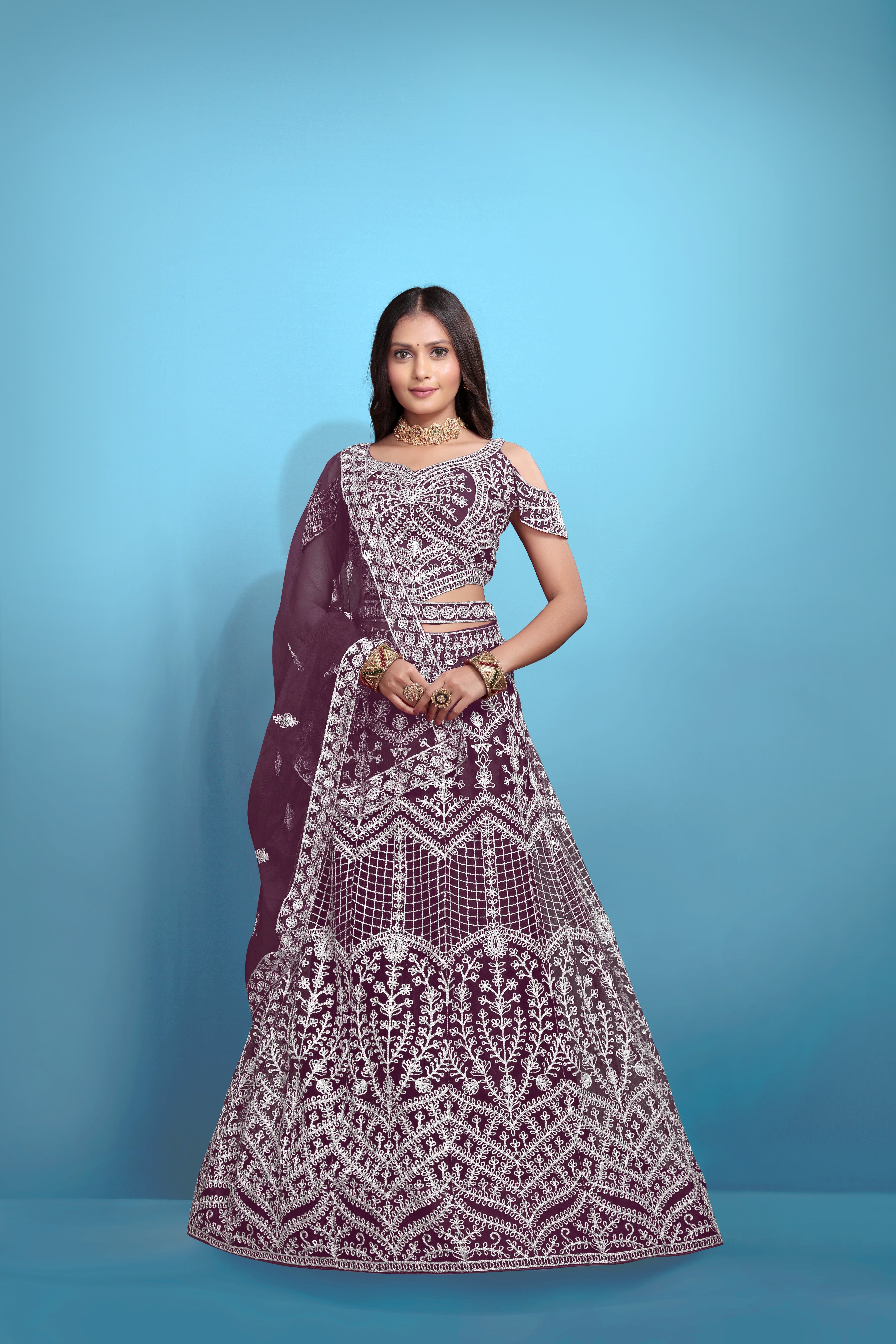 Purple Women’s Net Embroidered Lehenga Choli Set – Elegant Ethnic Wear for Festive & Wedding Occasions