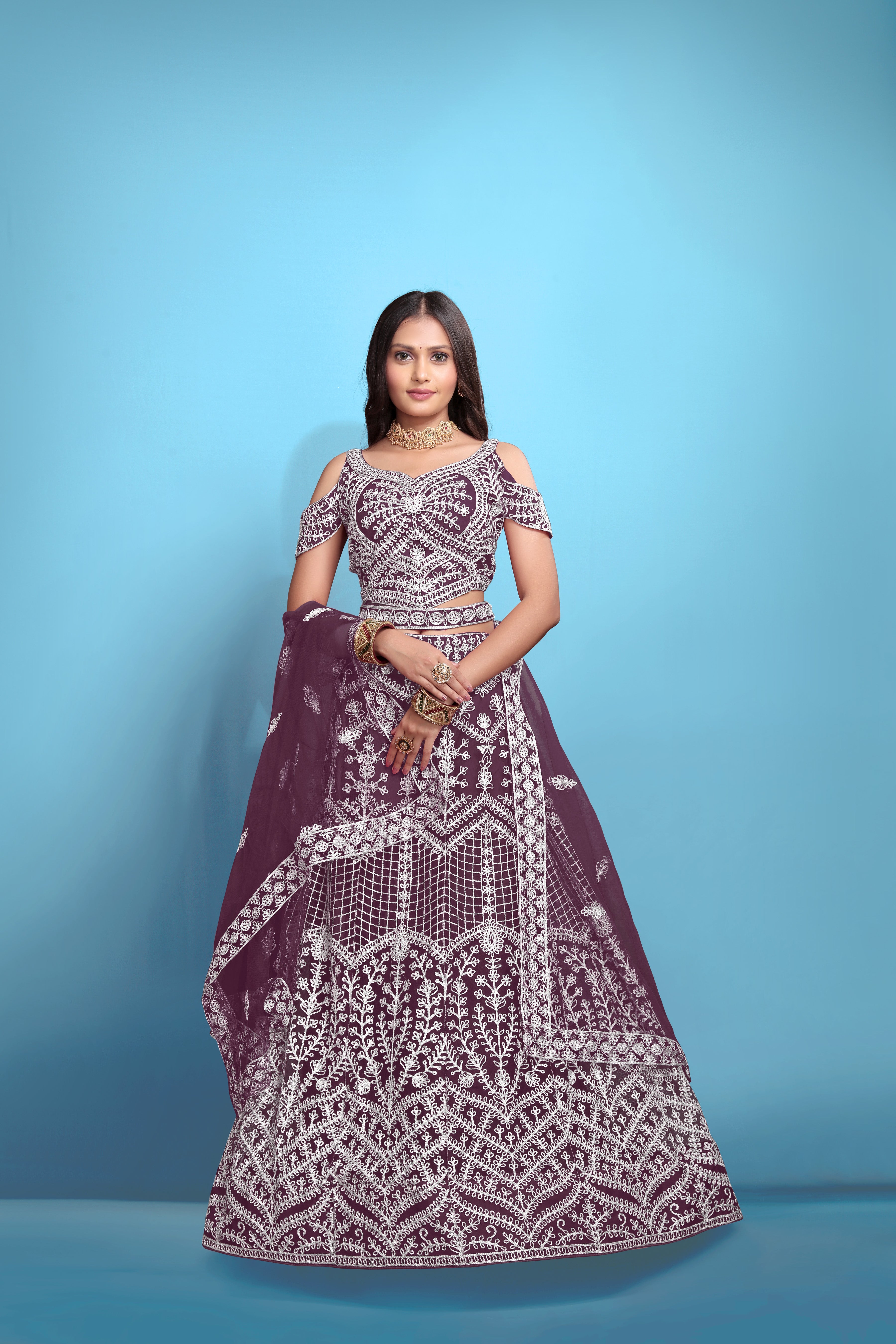 Purple Women’s Net Embroidered Lehenga Choli Set – Elegant Ethnic Wear for Festive & Wedding Occasions