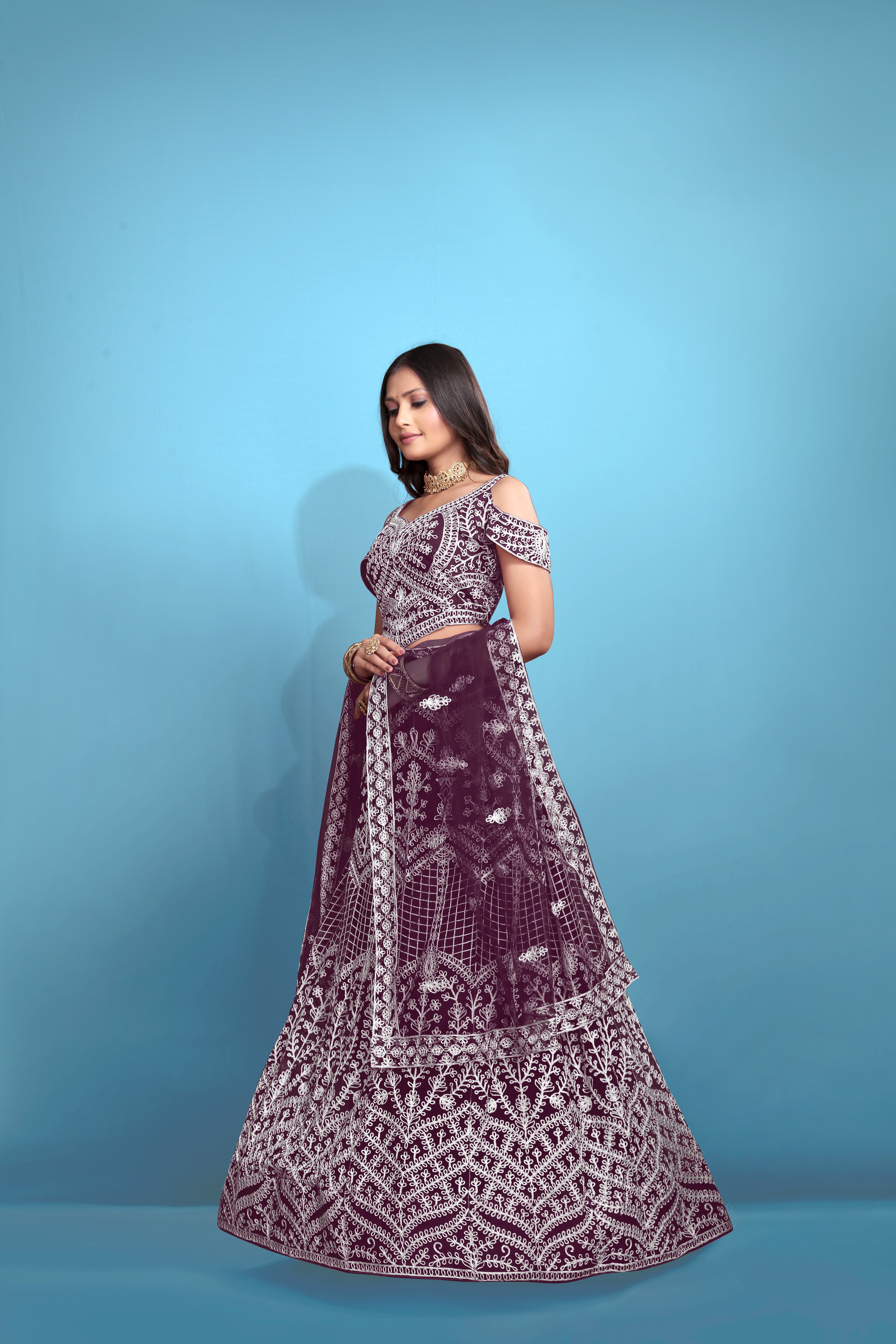 Purple Women’s Net Embroidered Lehenga Choli Set – Elegant Ethnic Wear for Festive & Wedding Occasions