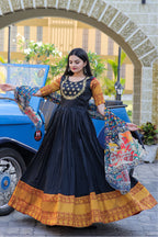 Women’s Black Silk Gown with Jacquard Weaving & Embroidery – Elegant Fusion Wear