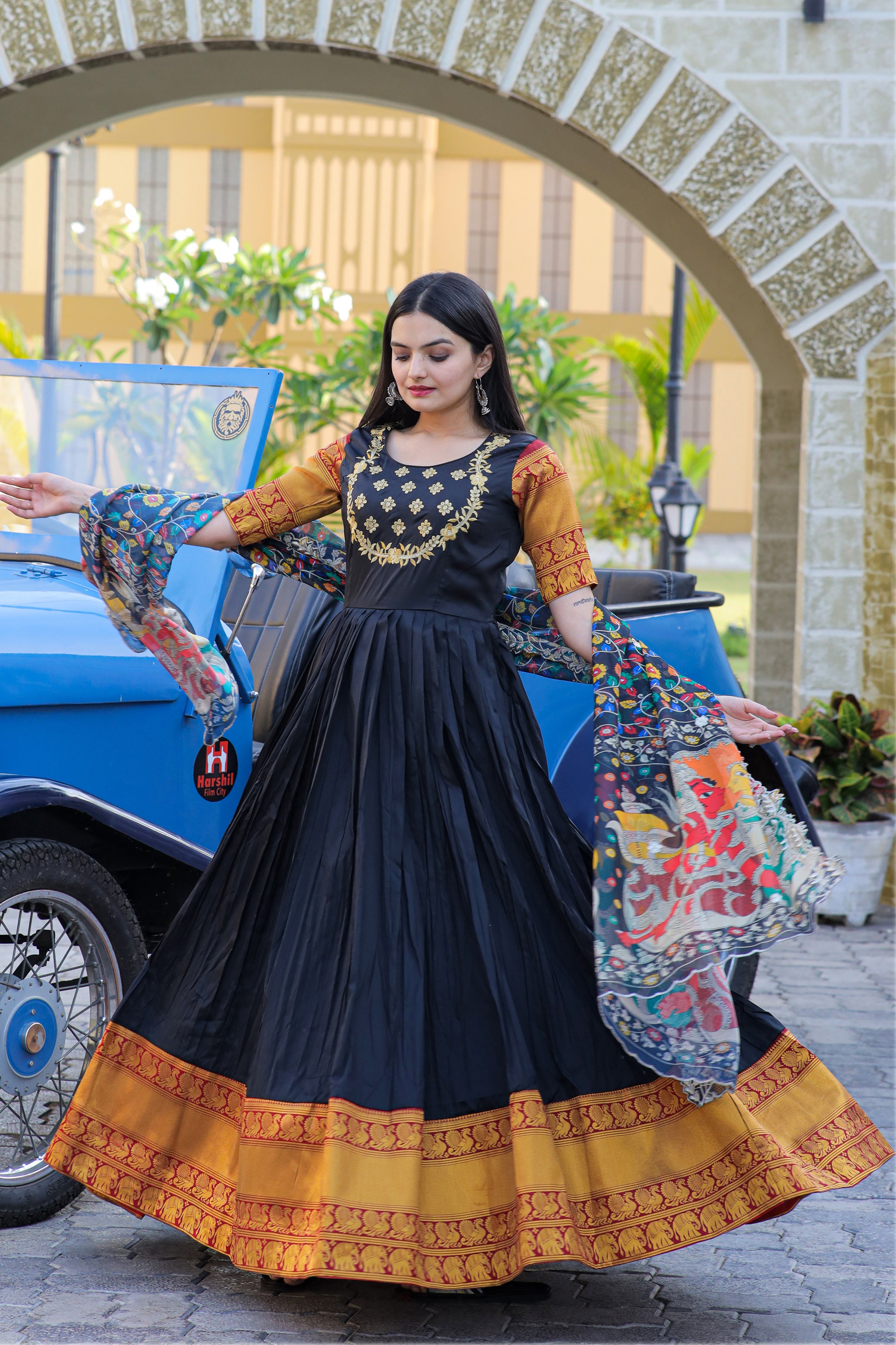 Women’s Black Silk Gown with Jacquard Weaving & Embroidery – Elegant Fusion Wear