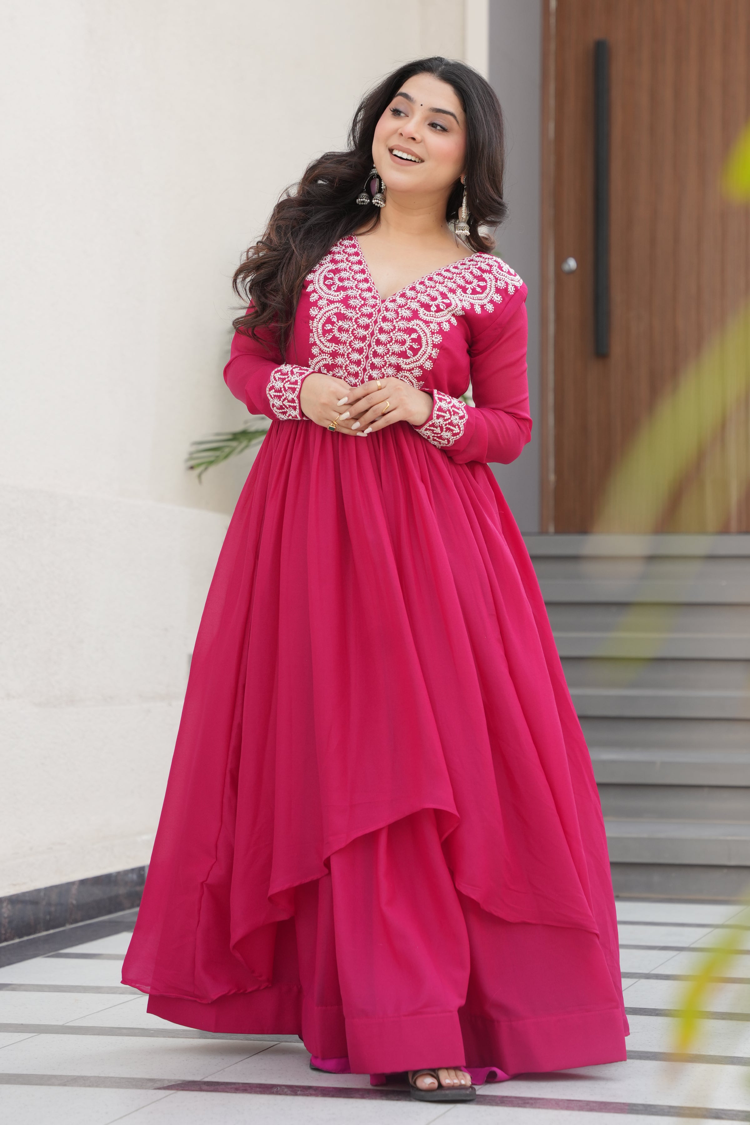 Women’s Pink Georgette Gown – Elegant Designer Party Wear