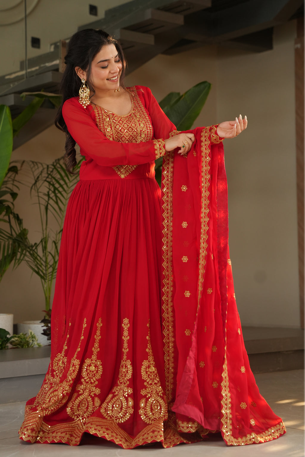 Designer Red Georgette Gown with Embroidery – Perfect for Weddings & Parties