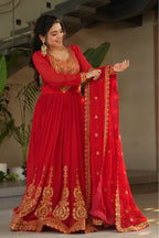 Designer Red Georgette Gown with Embroidery – Perfect for Weddings & Parties