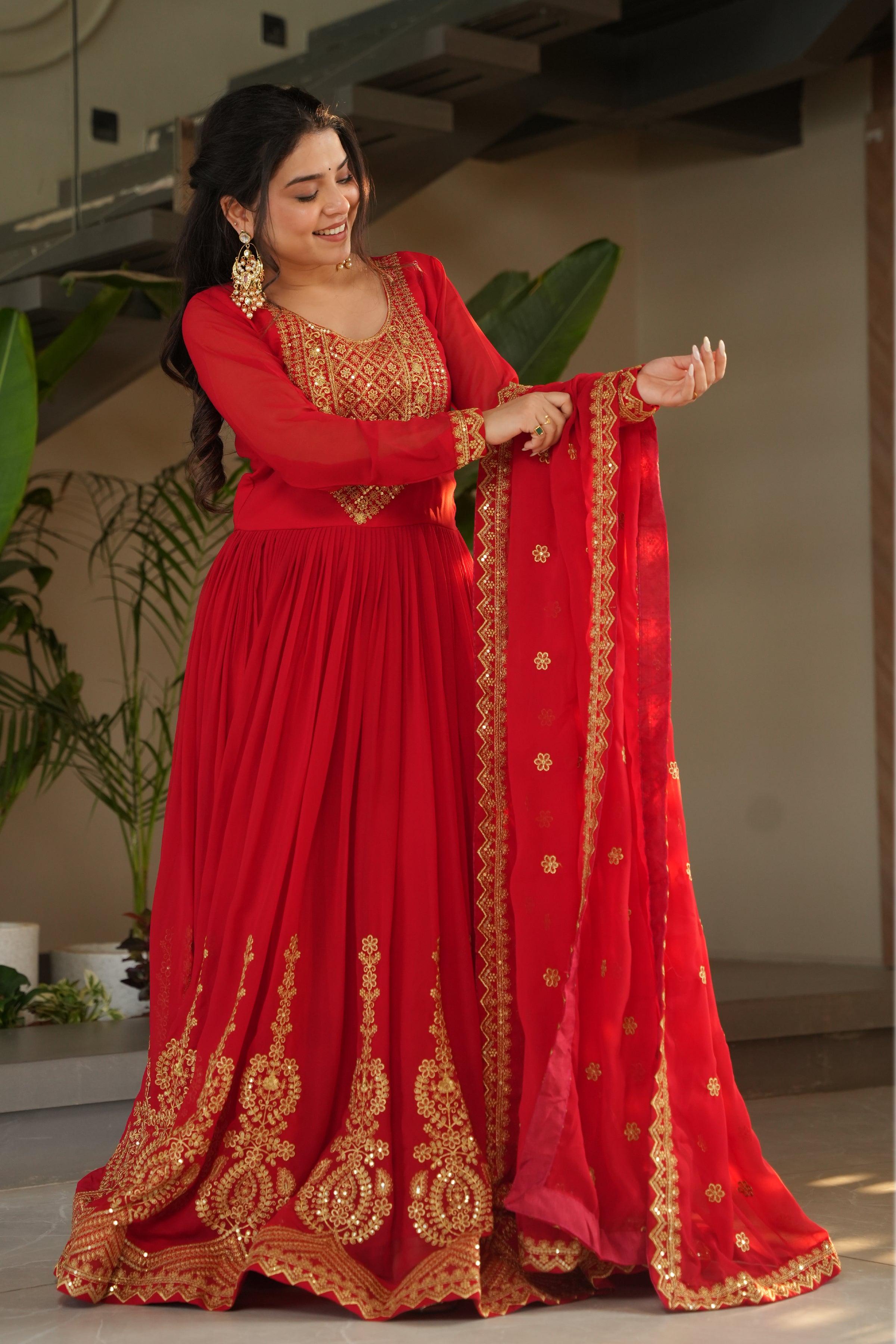 Designer Red Georgette Gown with Embroidery – Perfect for Weddings & Parties
