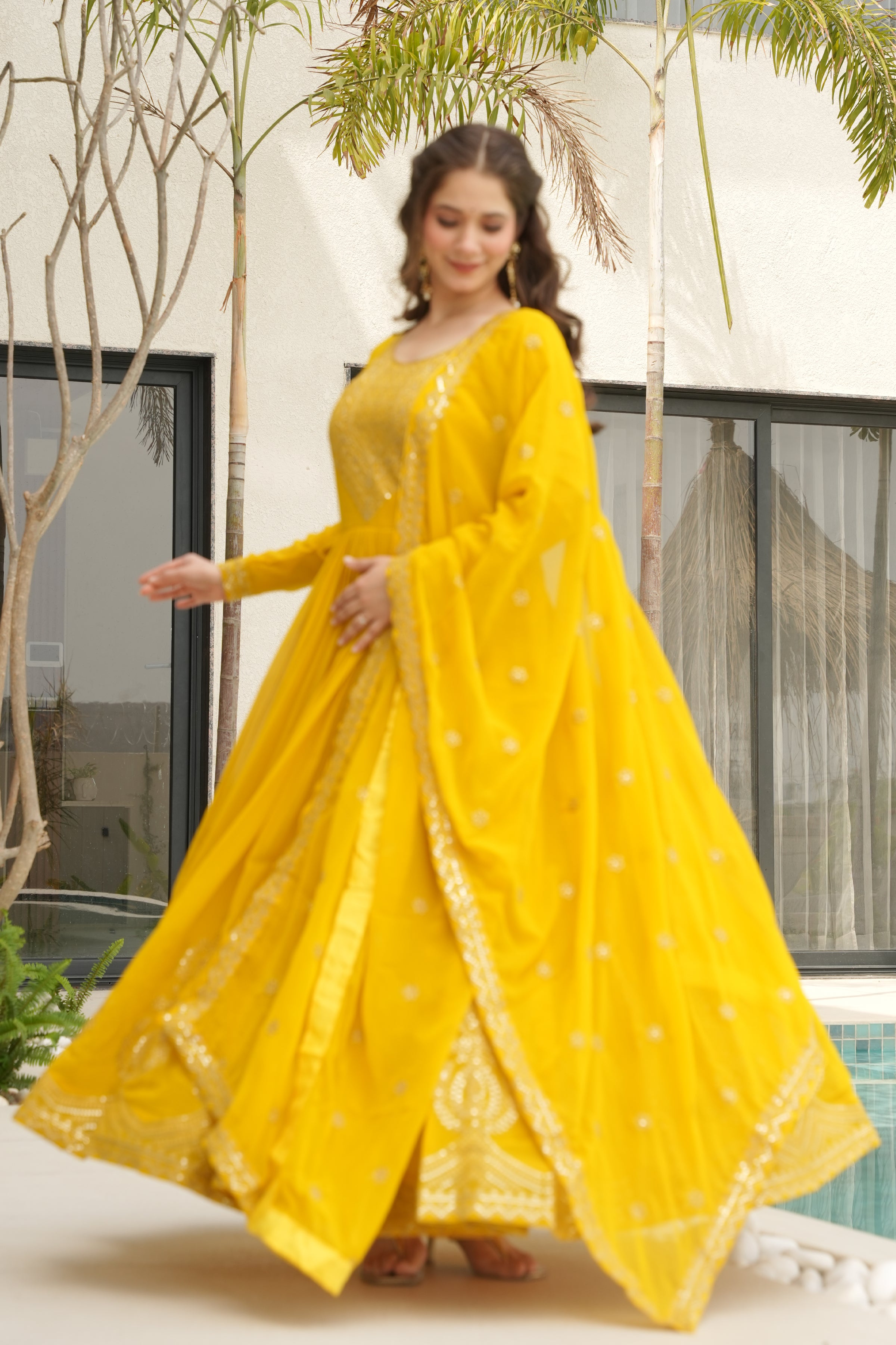 Designer Yellow Georgette Gown with Embroidery – Perfect for Weddings & Parties