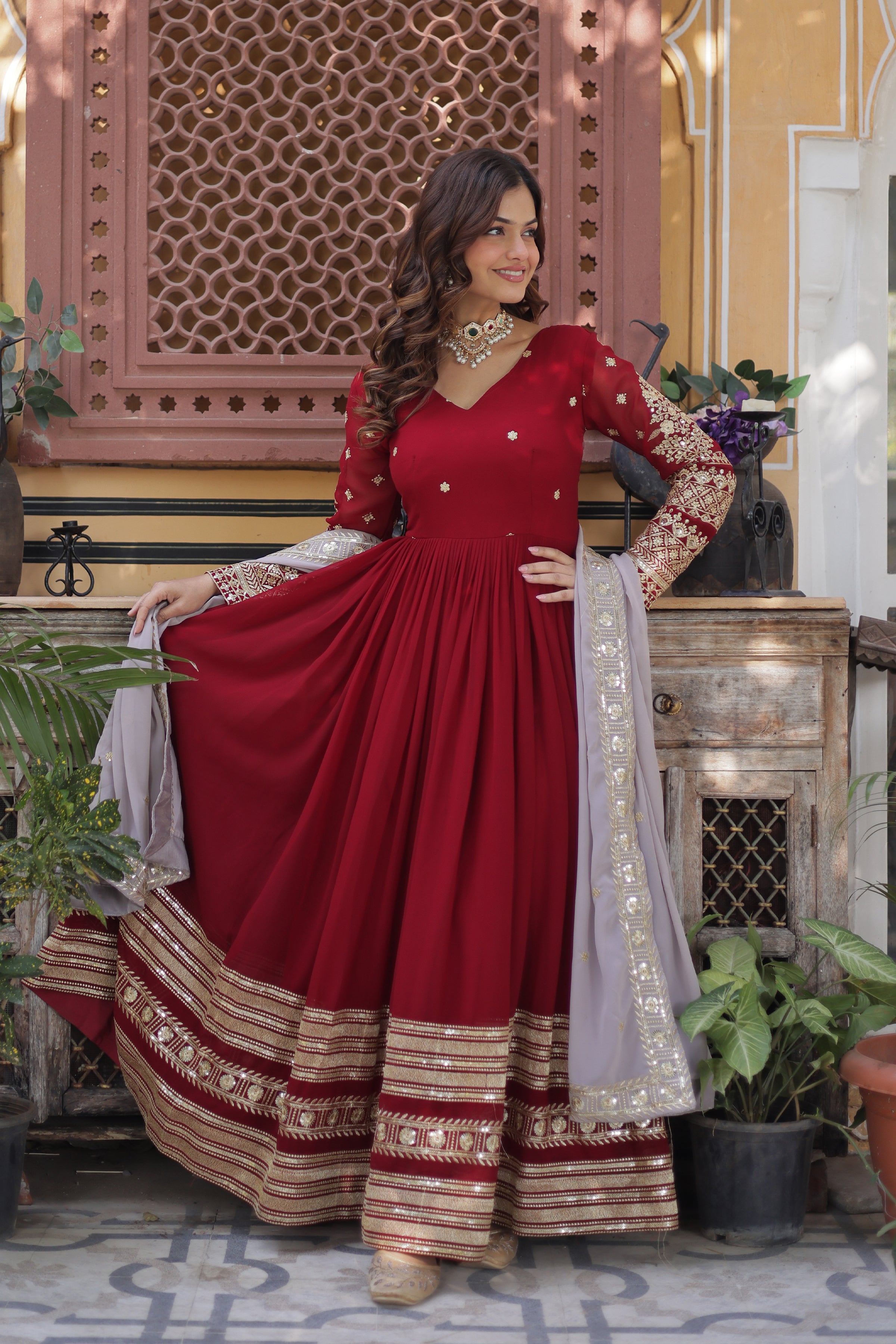Women’s Red Georgette Gown – Elegant Designer Party Wear