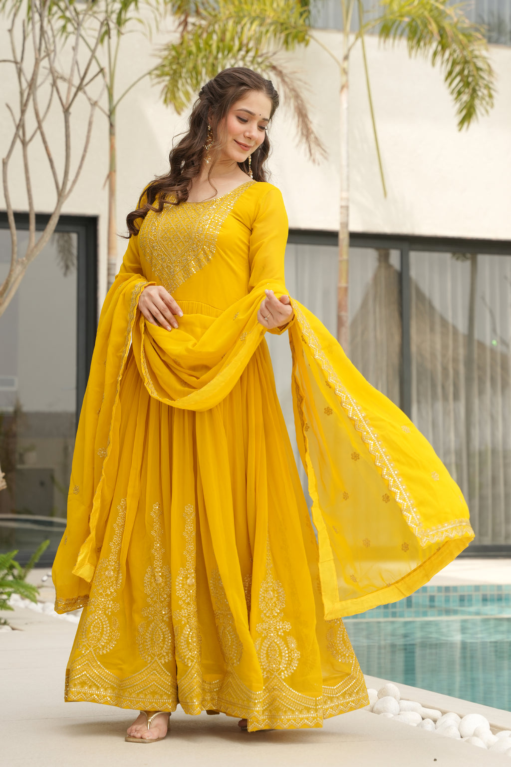 Designer Yellow Georgette Gown with Embroidery – Perfect for Weddings & Parties