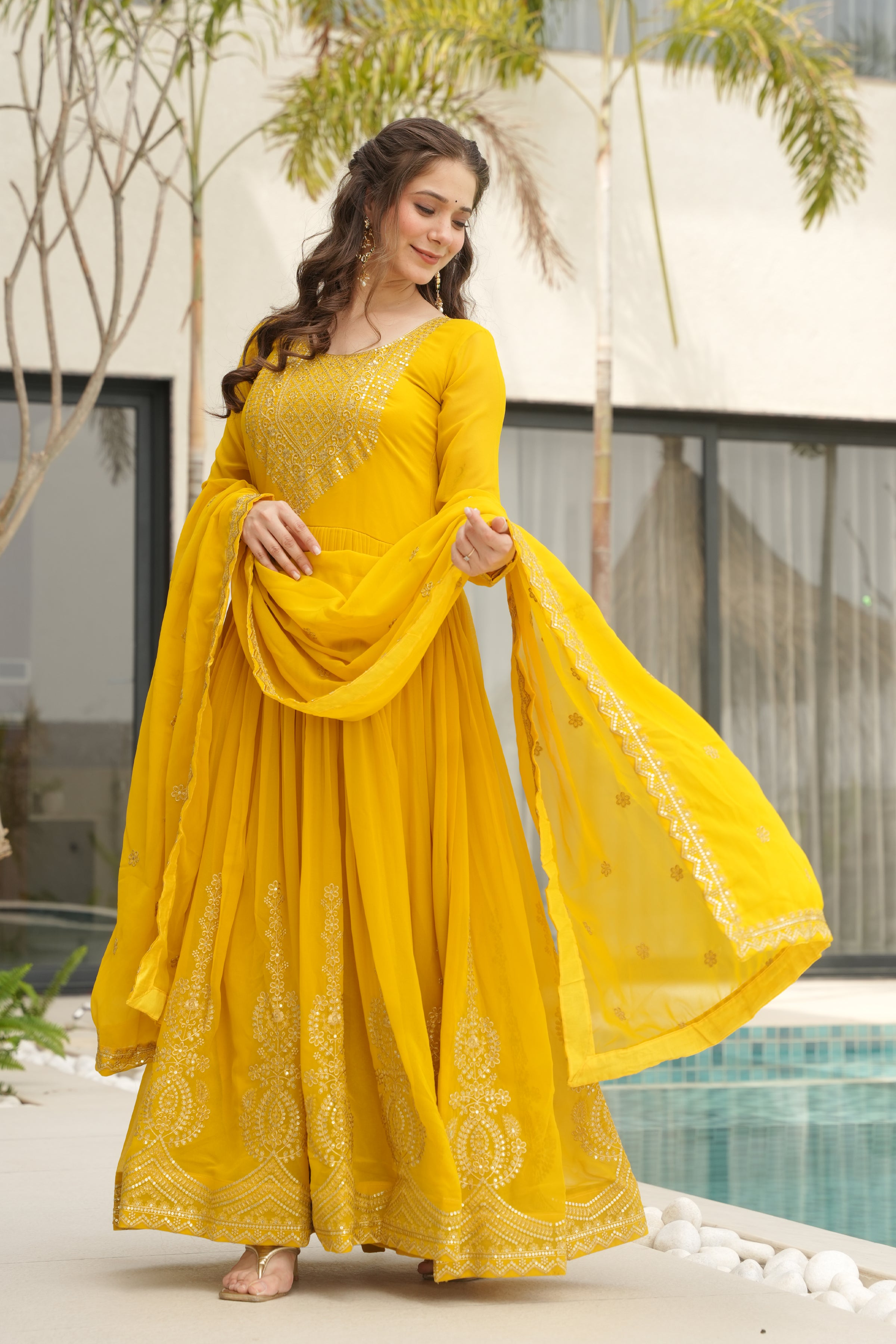 Designer Yellow Georgette Gown with Embroidery – Perfect for Weddings & Parties
