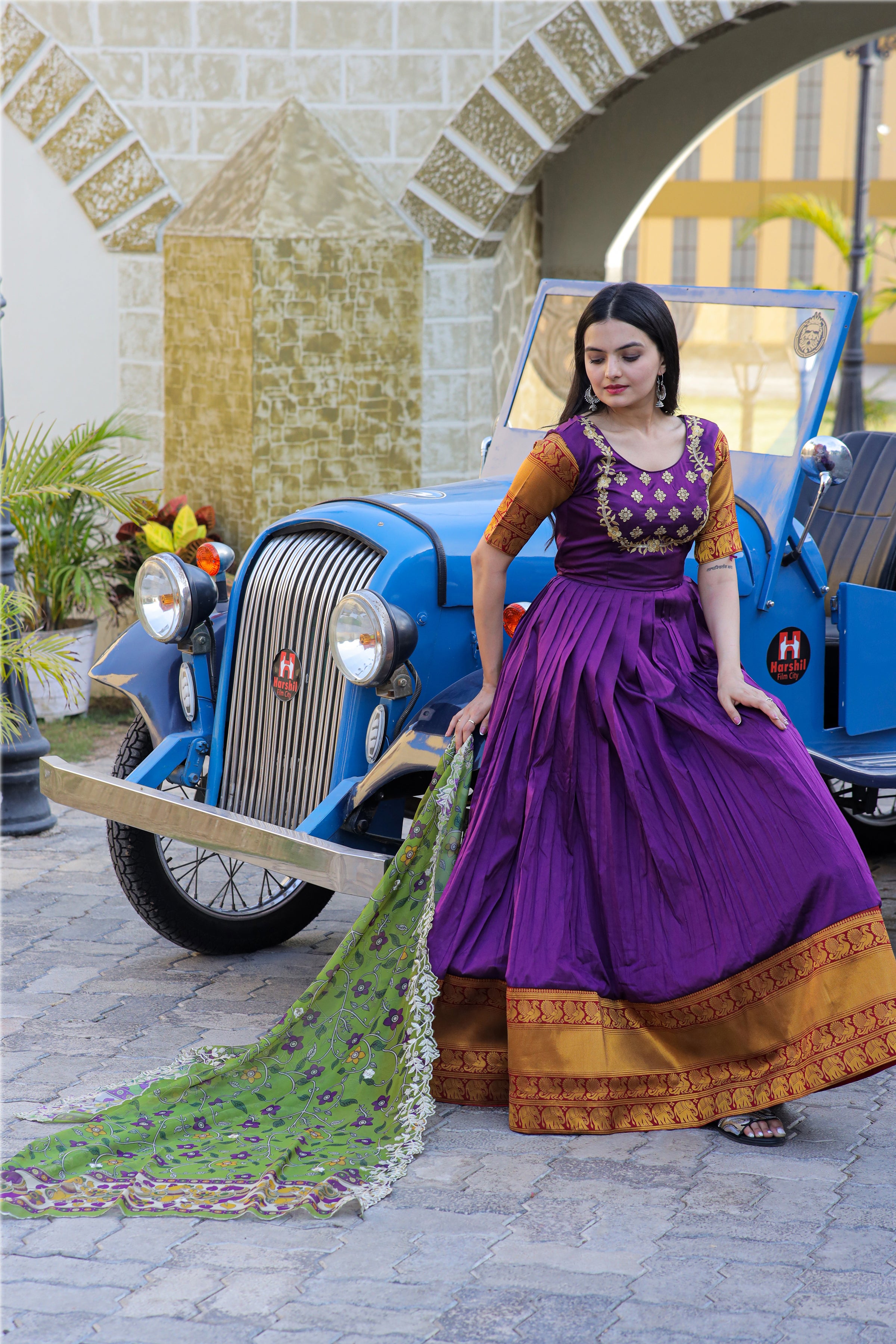 Women’s Purple Silk Gown with Jacquard Weaving & Embroidery – Elegant Fusion Wear